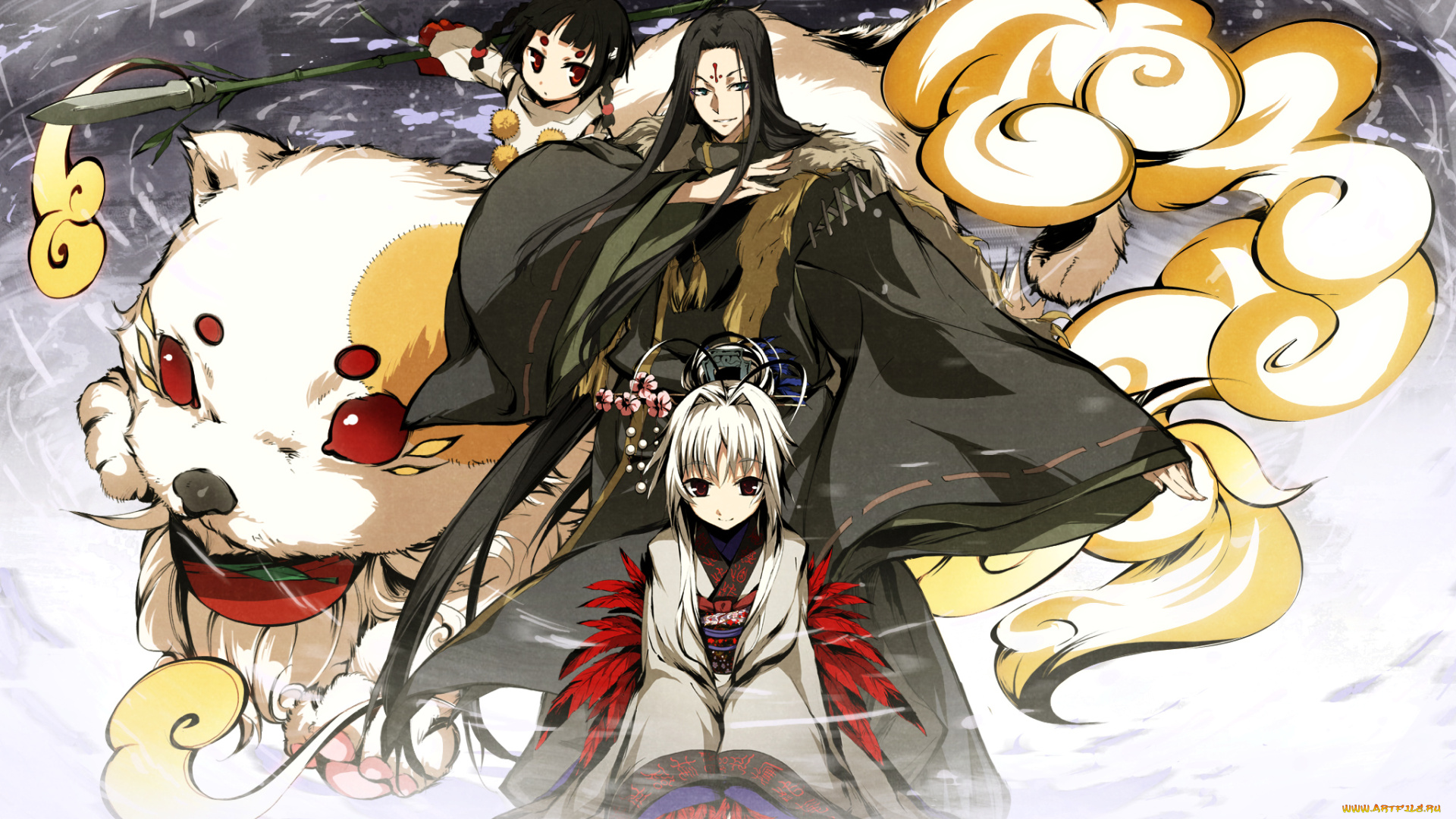 аниме, kajiri, kamui, kagura, девушки, мужчина, оружие, мех, цветок, teirei, niko, кимоно, зверь, животное, перья, татуировка, украшение, madara, yakou, g, yuusuke, kyougetsu, sakuya, копье