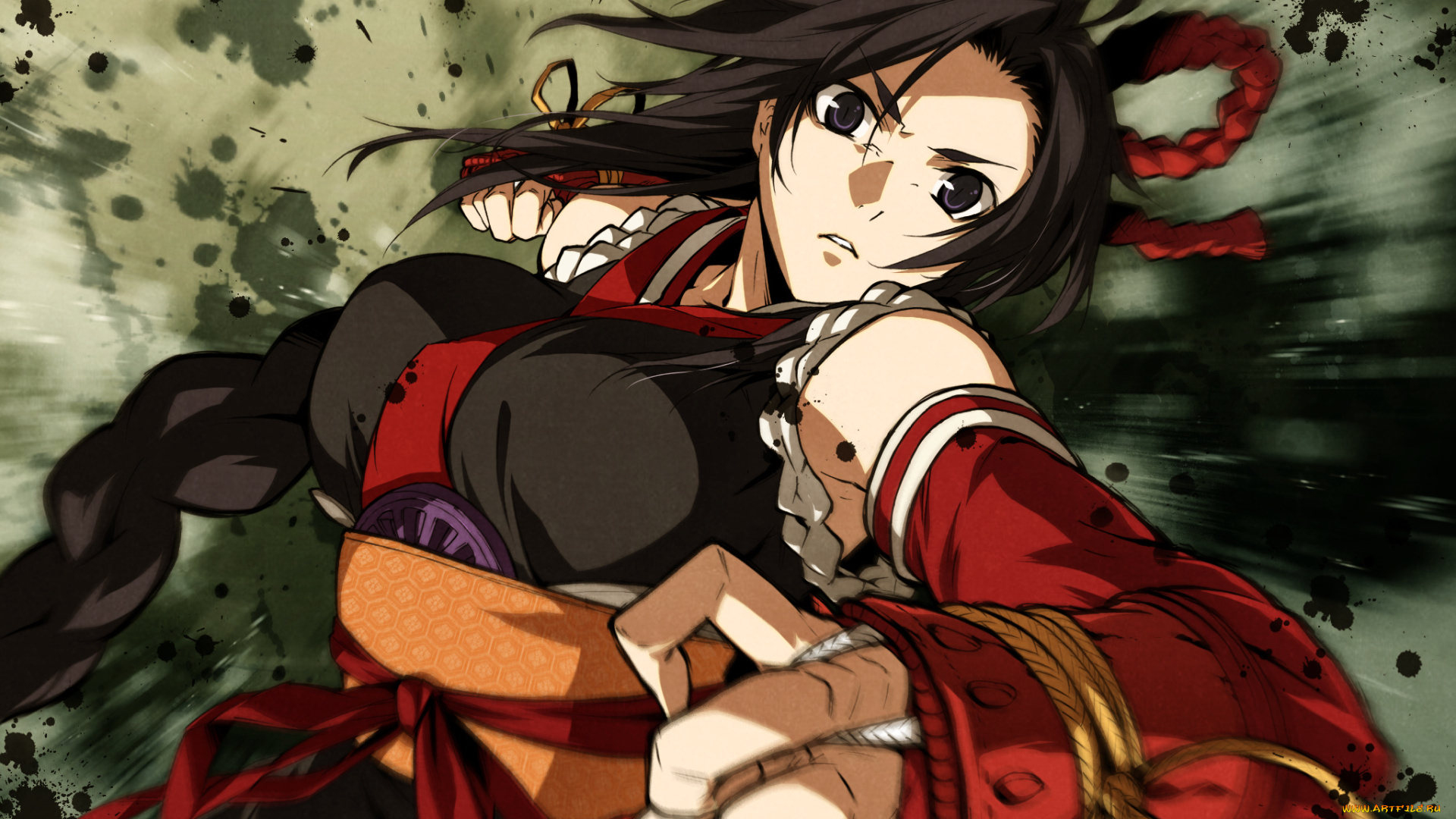 аниме, kajiri, kamui, kagura, движение, удар, кимоно, доспехи, ленты, kujou, shiori, девушка, коса, шнурок, g, yuusuke, перчатки