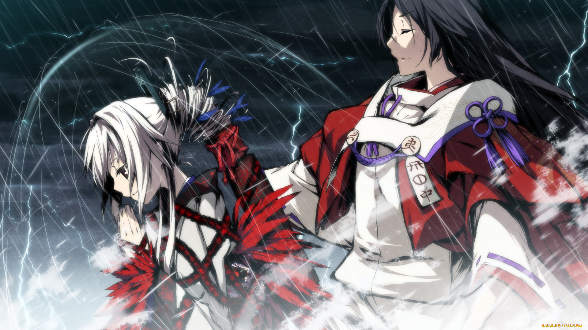 аниме, kajiri, kamui, kagura, g, yuusuke, кимоно, молитва, kyougetsu, sakuya, дождь, молния, мужчина, перья, девушка, заколка, иероглифы