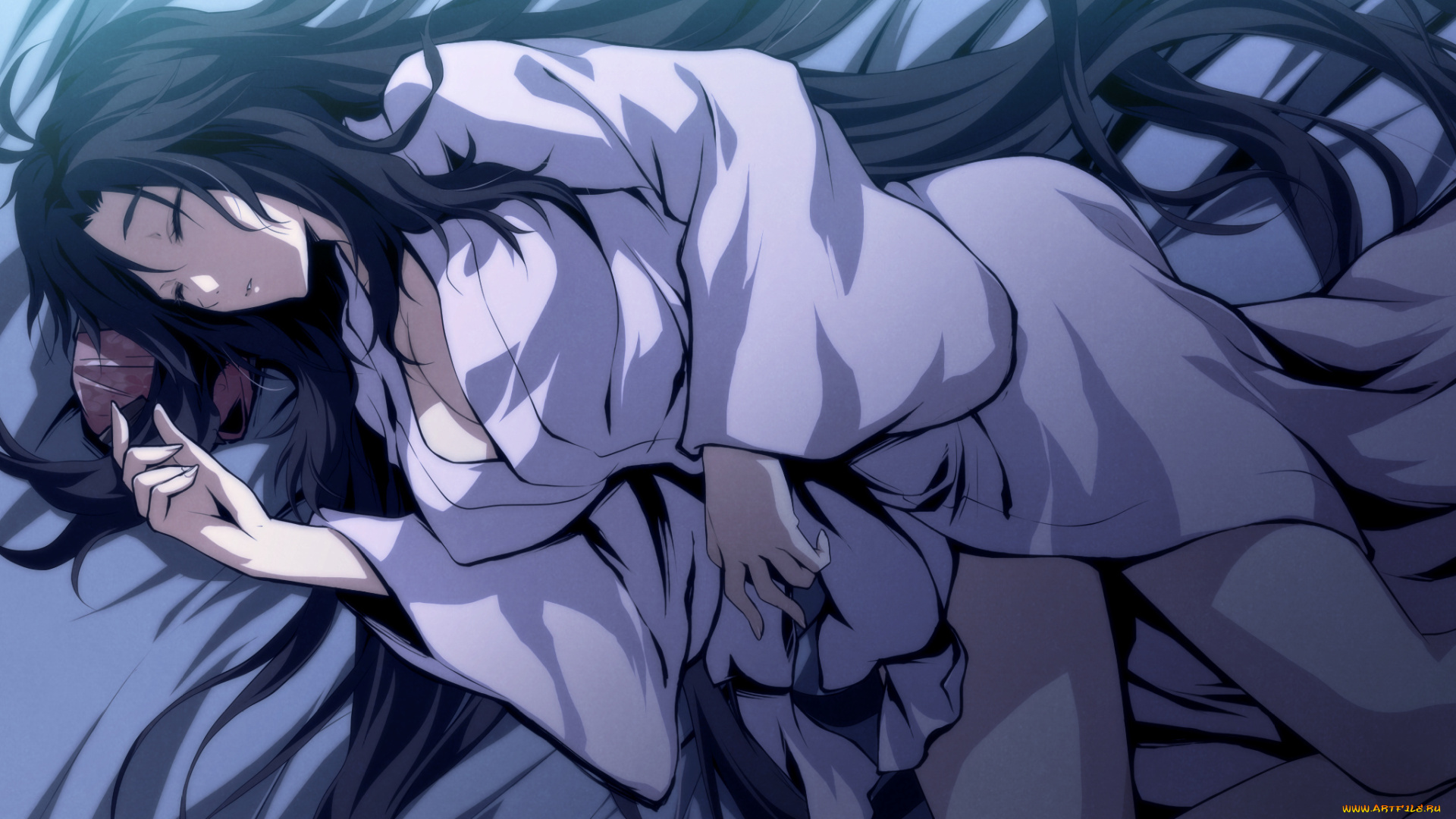 аниме, kajiri, kamui, kagura, g, yuusuke, kujou, shiori, кровать, кимоно, девушка