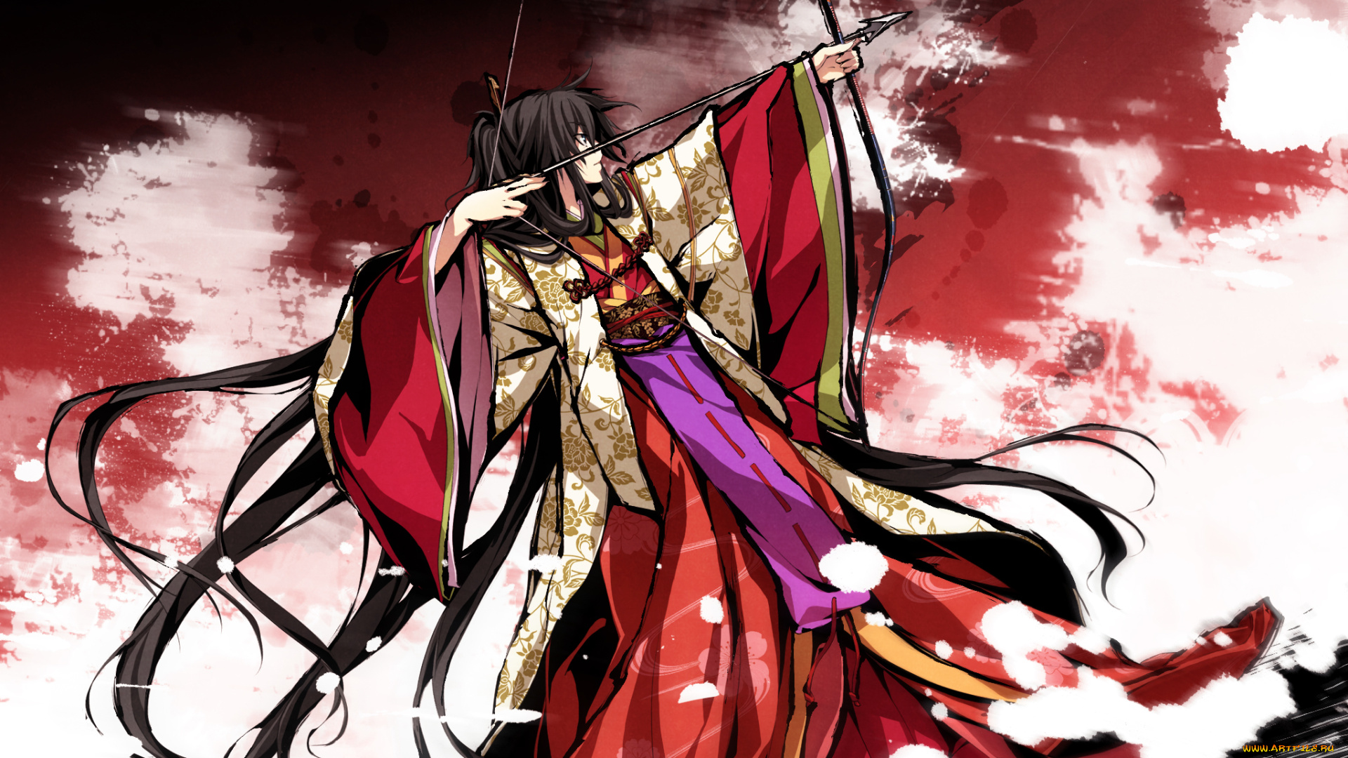 аниме, kajiri, kamui, kagura, g, yuusuke, лук, заколка, кимоно, koga, rindou, девушка, оружие