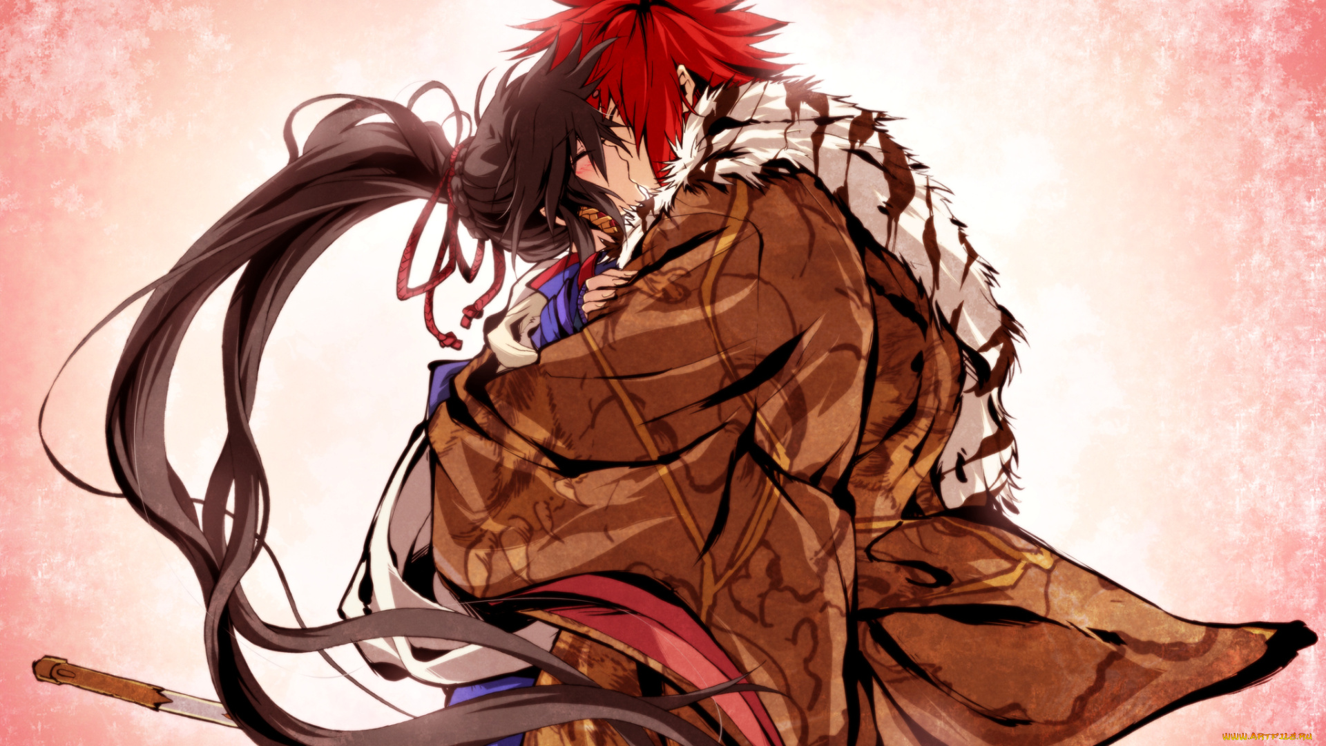 аниме, kajiri, kamui, kagura, g, yuusuke, мех, заколка, шарф, кимоно, поцелуй, мужчина, девушка, sakagami, habaki, koga, rindou