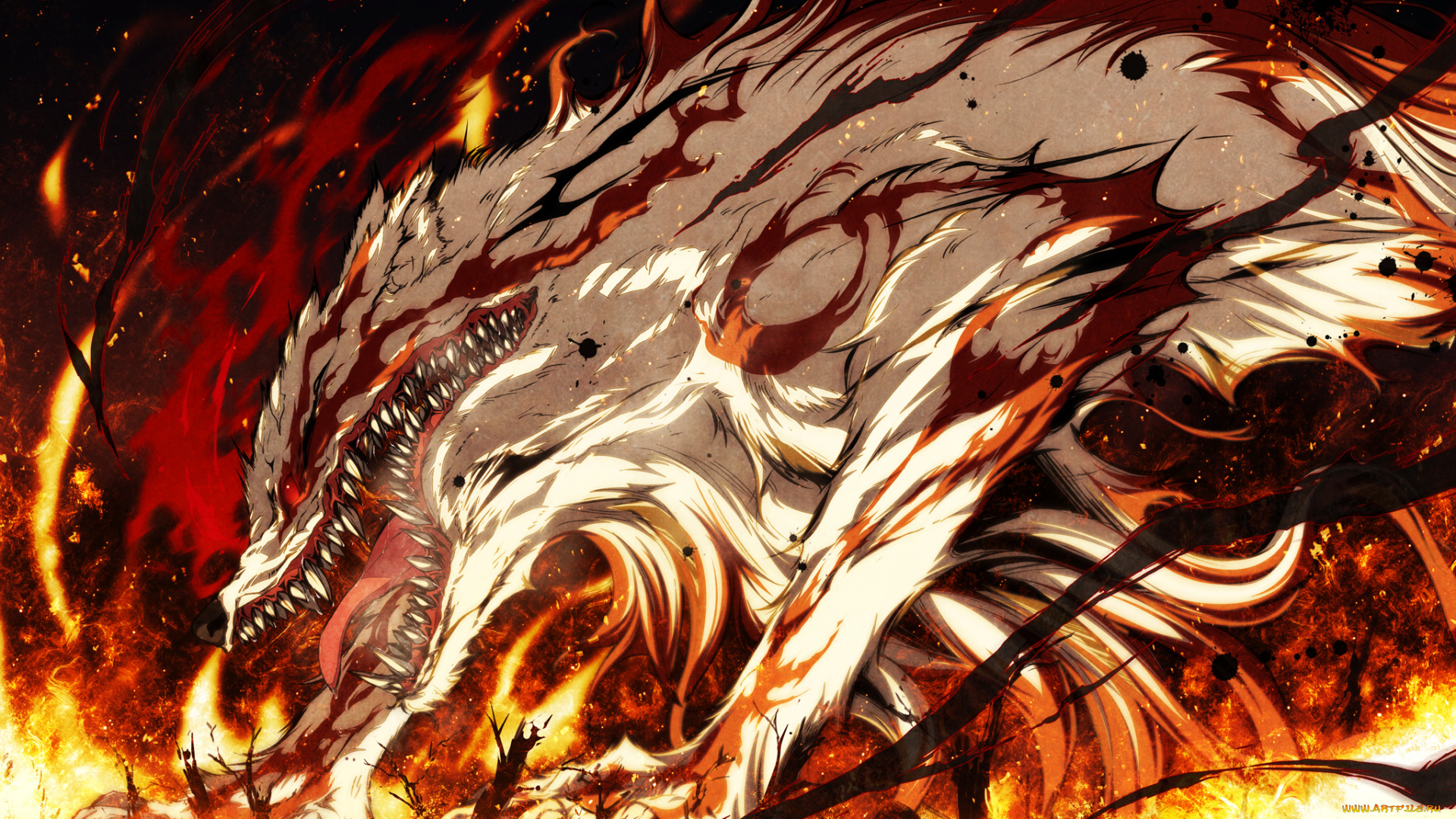 аниме, kajiri, kamui, kagura, искры, пепел, животное, волк, ярость, зверь, деревья, огонь, g, yuusuke, клыки