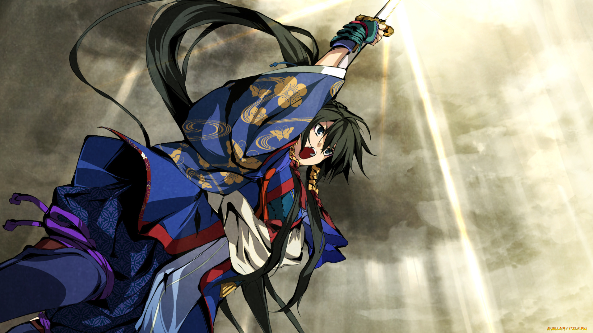 аниме, kajiri, kamui, kagura, кимоно, g, yuusuke, клич, девушка, koga, rindou, небо, оружие, доспехи, тучи, свет