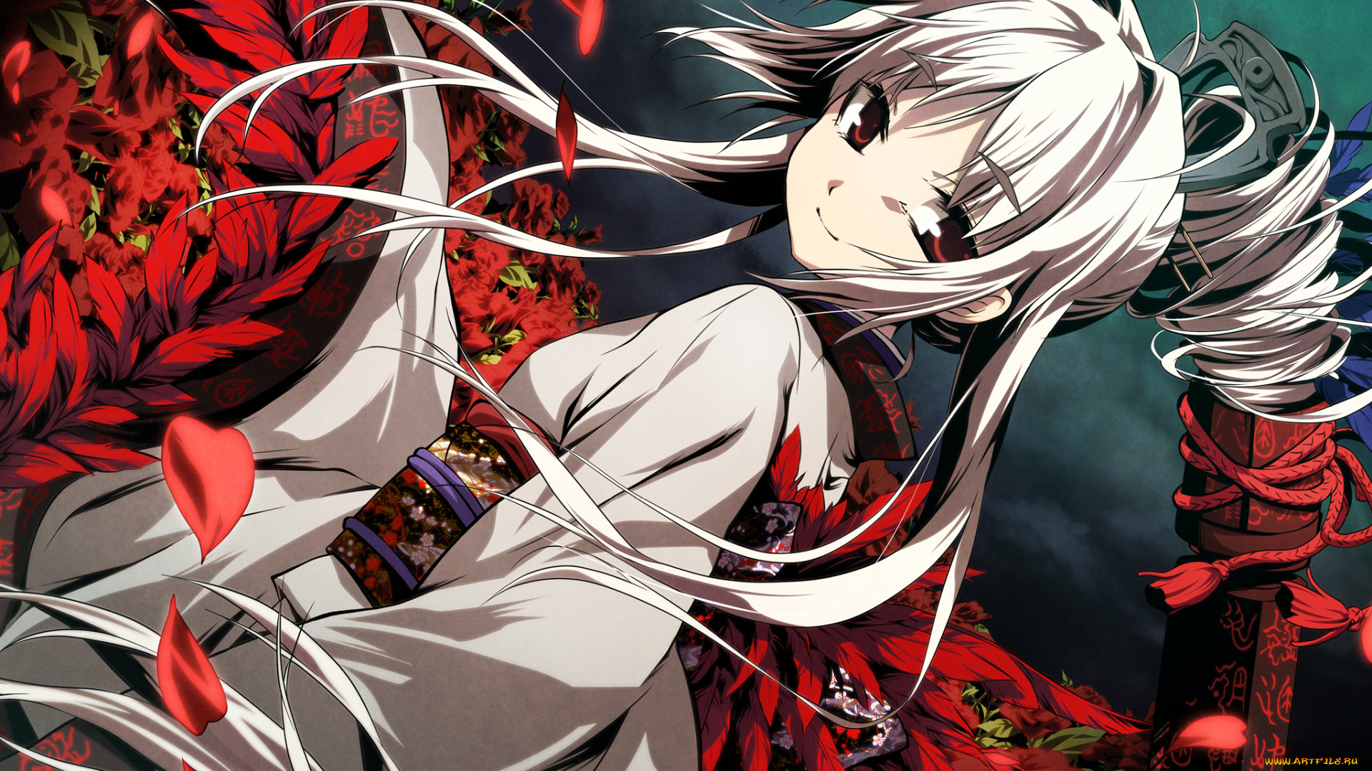 аниме, kajiri, kamui, kagura, кимоно, небо, девушка, g, yuusuke, лепестки, розы, тучи, заколка, перья, цветы, украшение