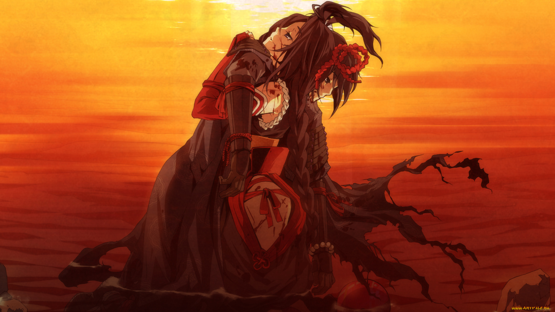 аниме, kajiri, kamui, kagura, кимоно, закат, вода, g, yuusuke, доспехи, камни, девушка, мужчина, кровь, свет