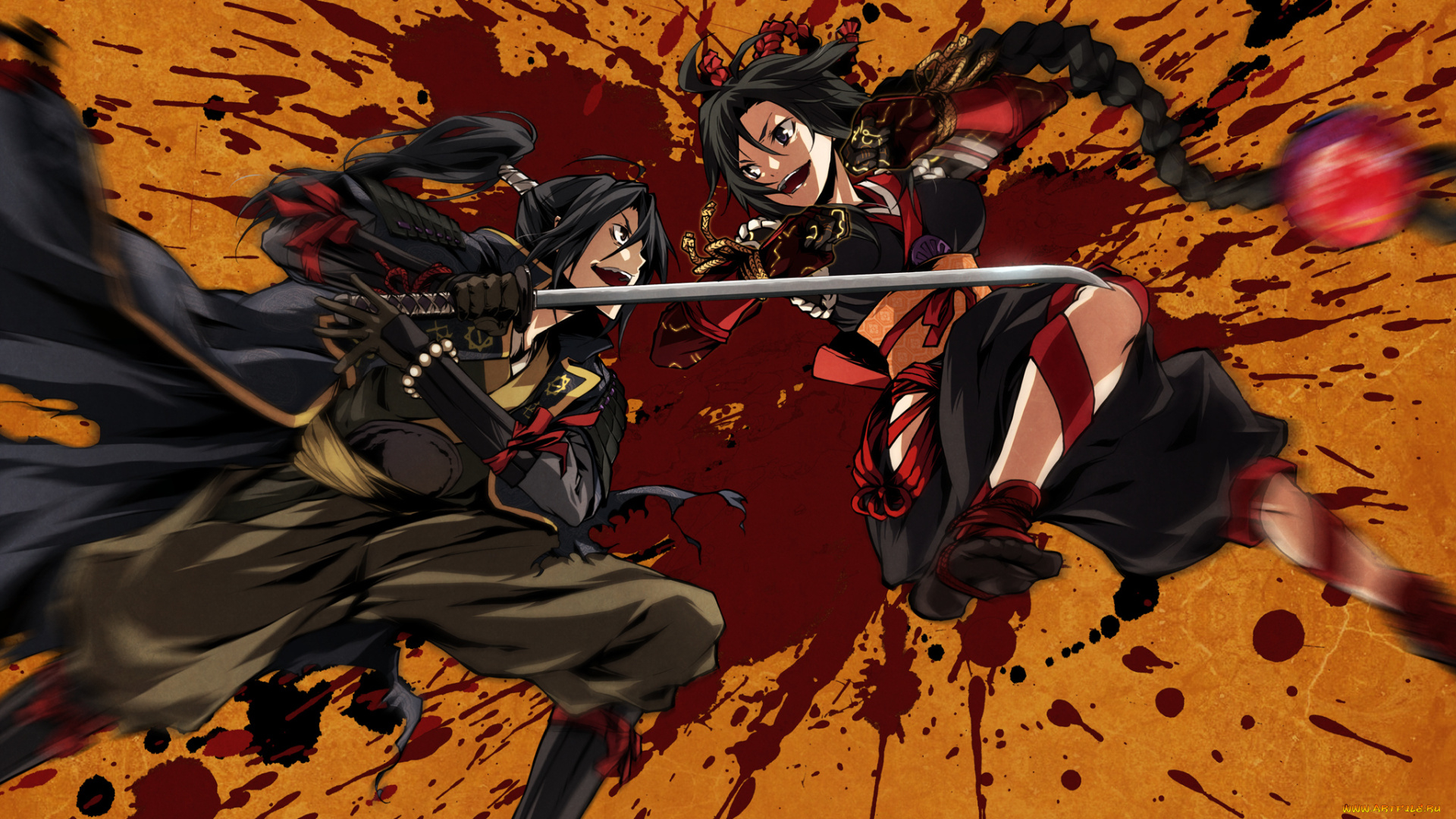 аниме, kajiri, kamui, kagura, kujou, shiori, битва, мужчина, девушка, g, yuusuk, движение, коса, перчатки, ленты, шнурок, кимоно, плащ, mibu, soujirou, доспехи, оружие, катана, кровь