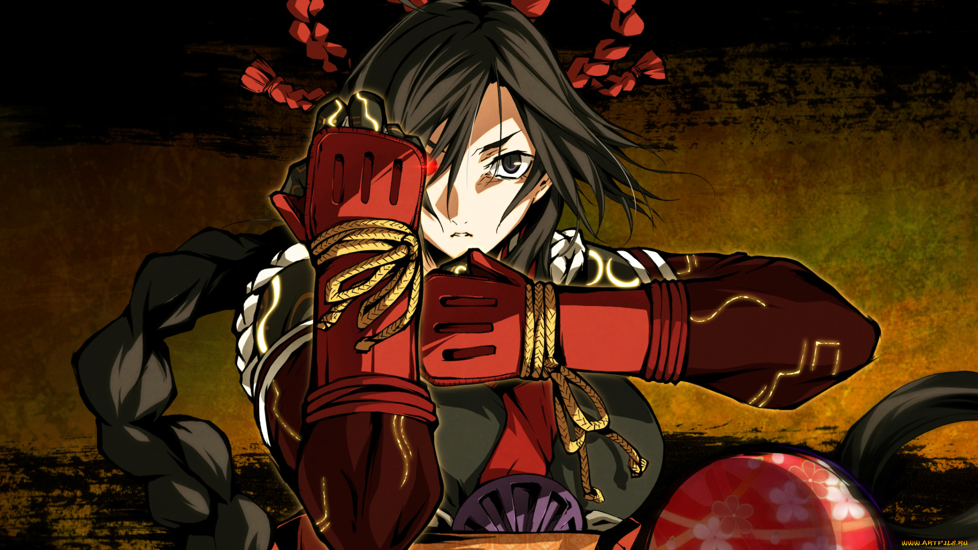 аниме, kajiri, kamui, kagura, kujou, shiori, кимоно, движение, перчатки, ленты, g, yuusuke, стойка, доспехи, коса, девушка, шнурок