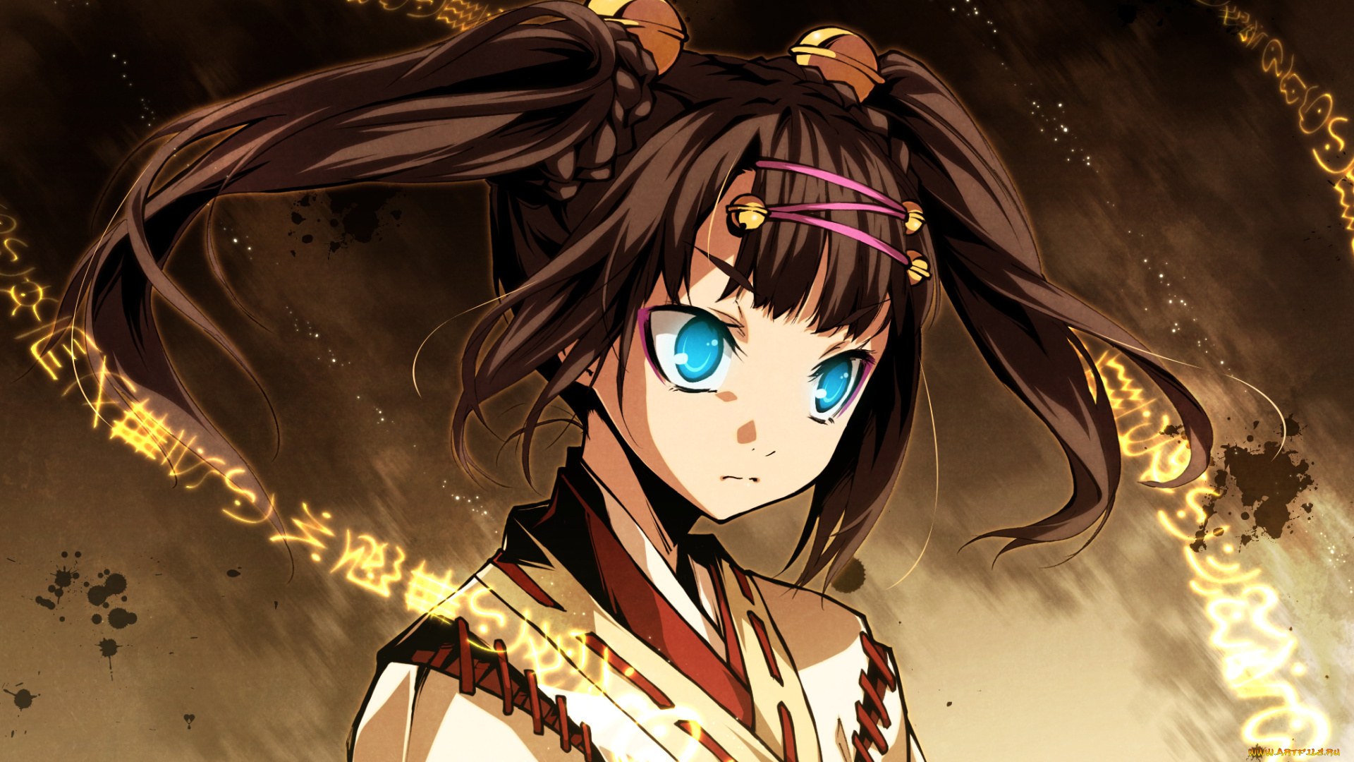 аниме, kajiri, kamui, kagura, магия, иероглифы, знаки, девушка, колокольчик, mikado, ryuusui, шнурок, заколка, g, yuusuke, заклинание, свет, кимоно