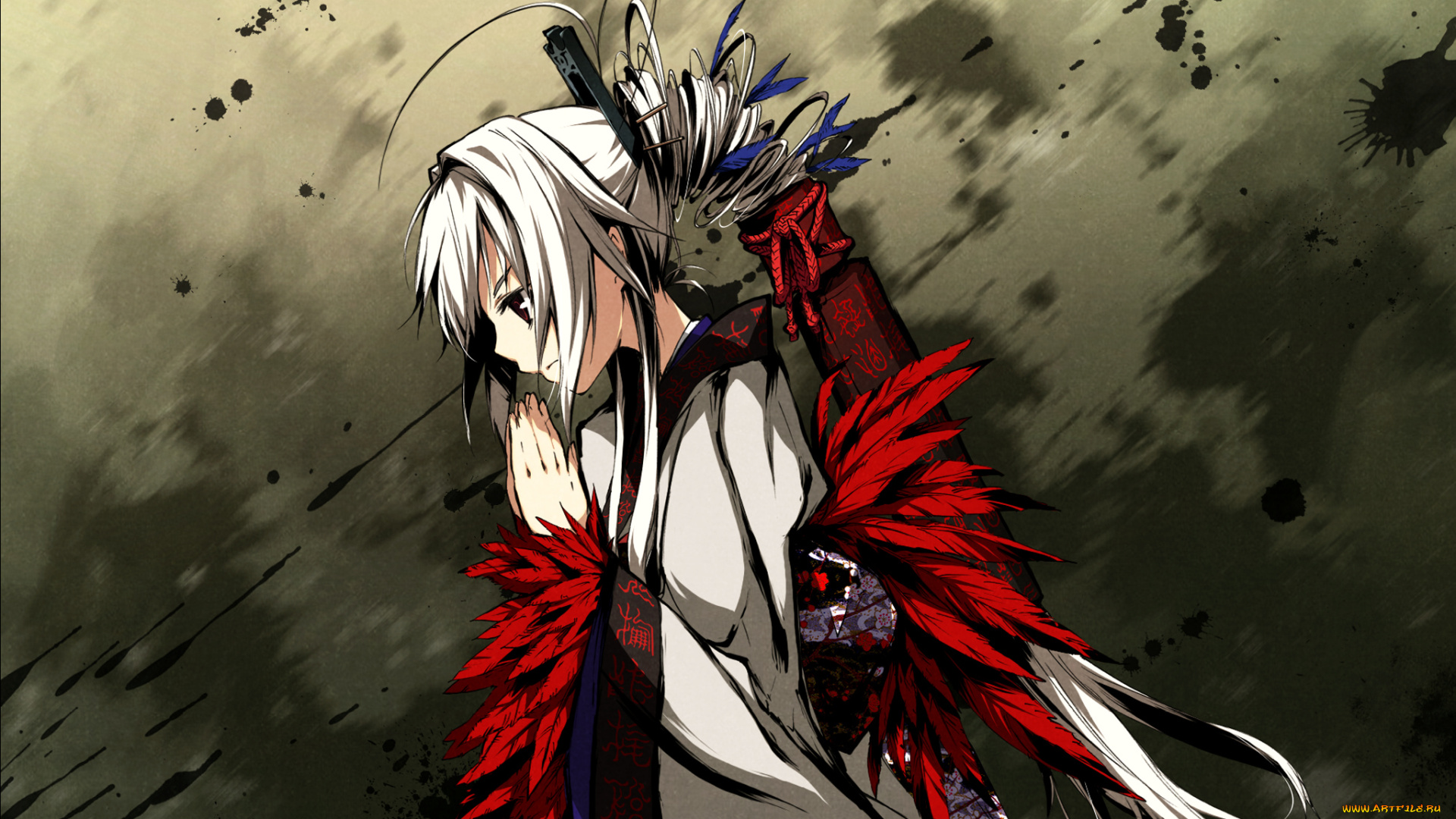 аниме, kajiri, kamui, kagura, молитва, заколка, иероглифы, девушка, перья, kyougetsu, sakuya, кимоно, g, yuusuke