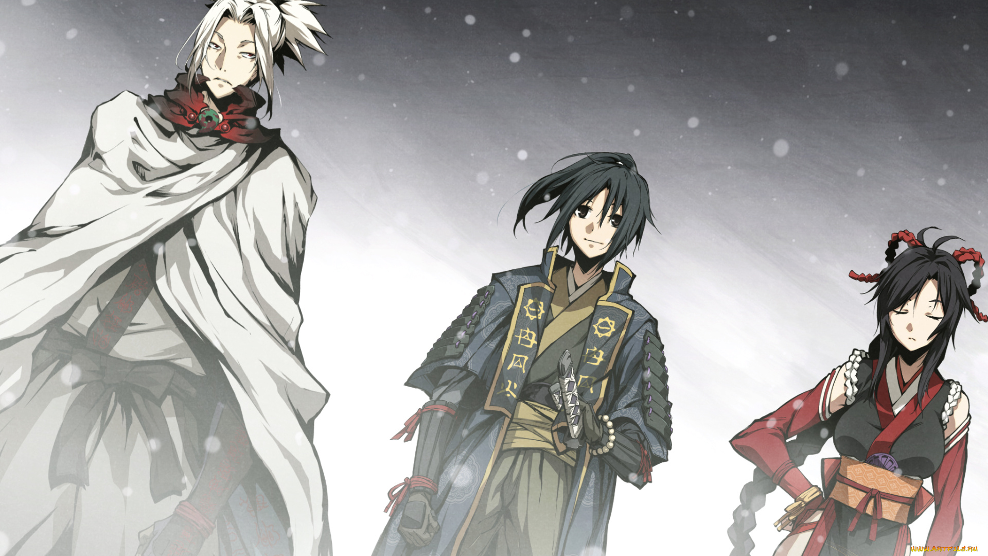 аниме, kajiri, kamui, kagura, мужчина, снег, шнурок, плащ, девушка, воин, доспехи, накидка, кимоно, g, yuusuke, kyougetsu, keishirou, mibu, soujirou, ленты, перчатки, коса, пояс, kujou, shiori, стойка
