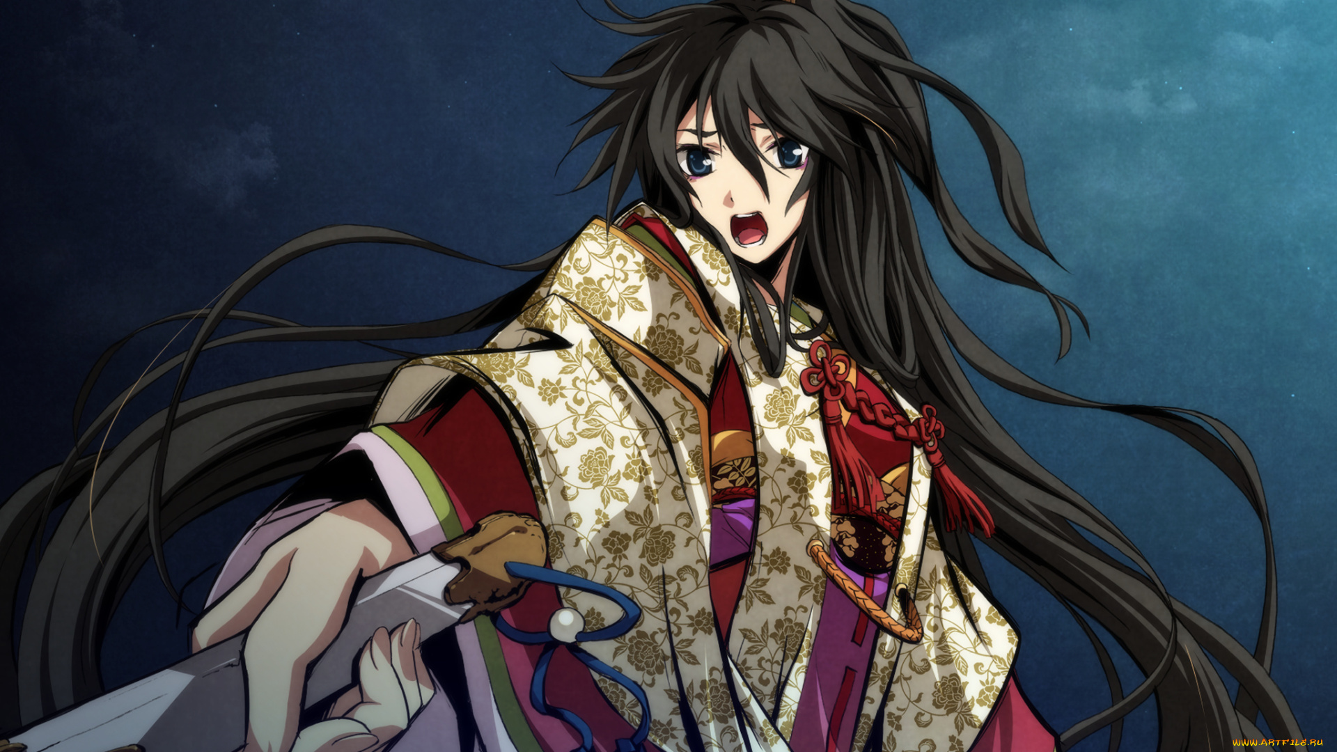 аниме, kajiri, kamui, kagura, ночь, веер, кимоно, девушка, koga, rindou, g, yuusuk, свет, украшение