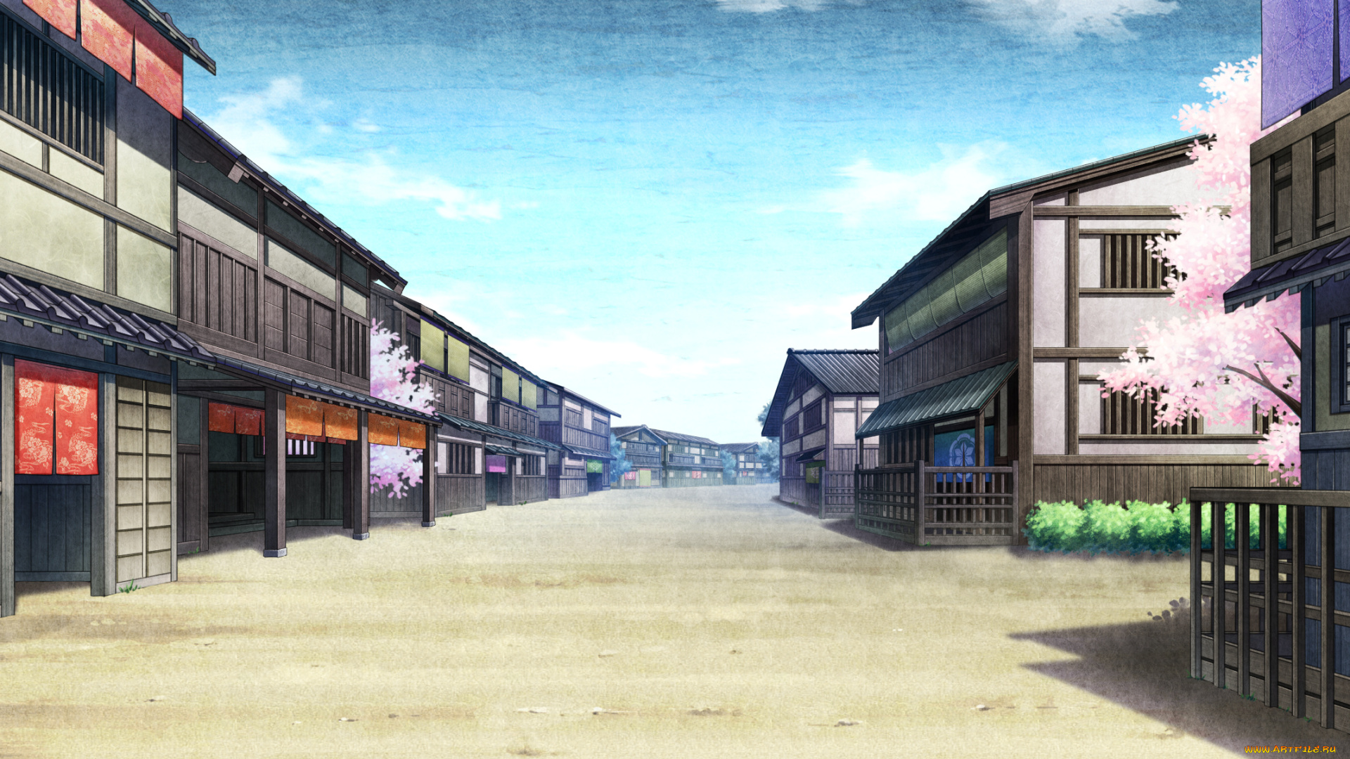 аниме, kajiri, kamui, kagura, облака, небо, дома, строения, сакура, город, деревья, растения, улицы, здания