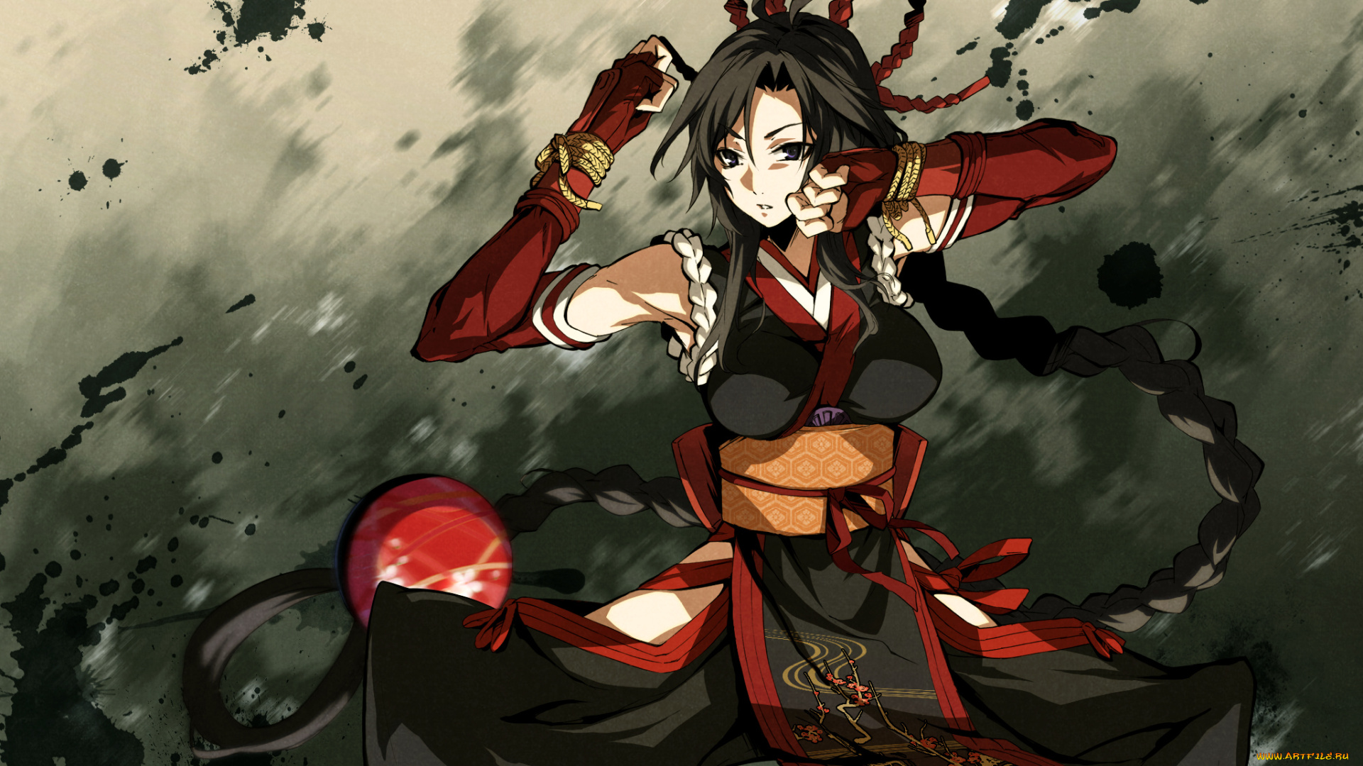 аниме, kajiri, kamui, kagura, перчатки, ленты, g, yuusuke, доспехи, движение, стойка, кимоно, kujou, shiori, коса, девушка, шнурок