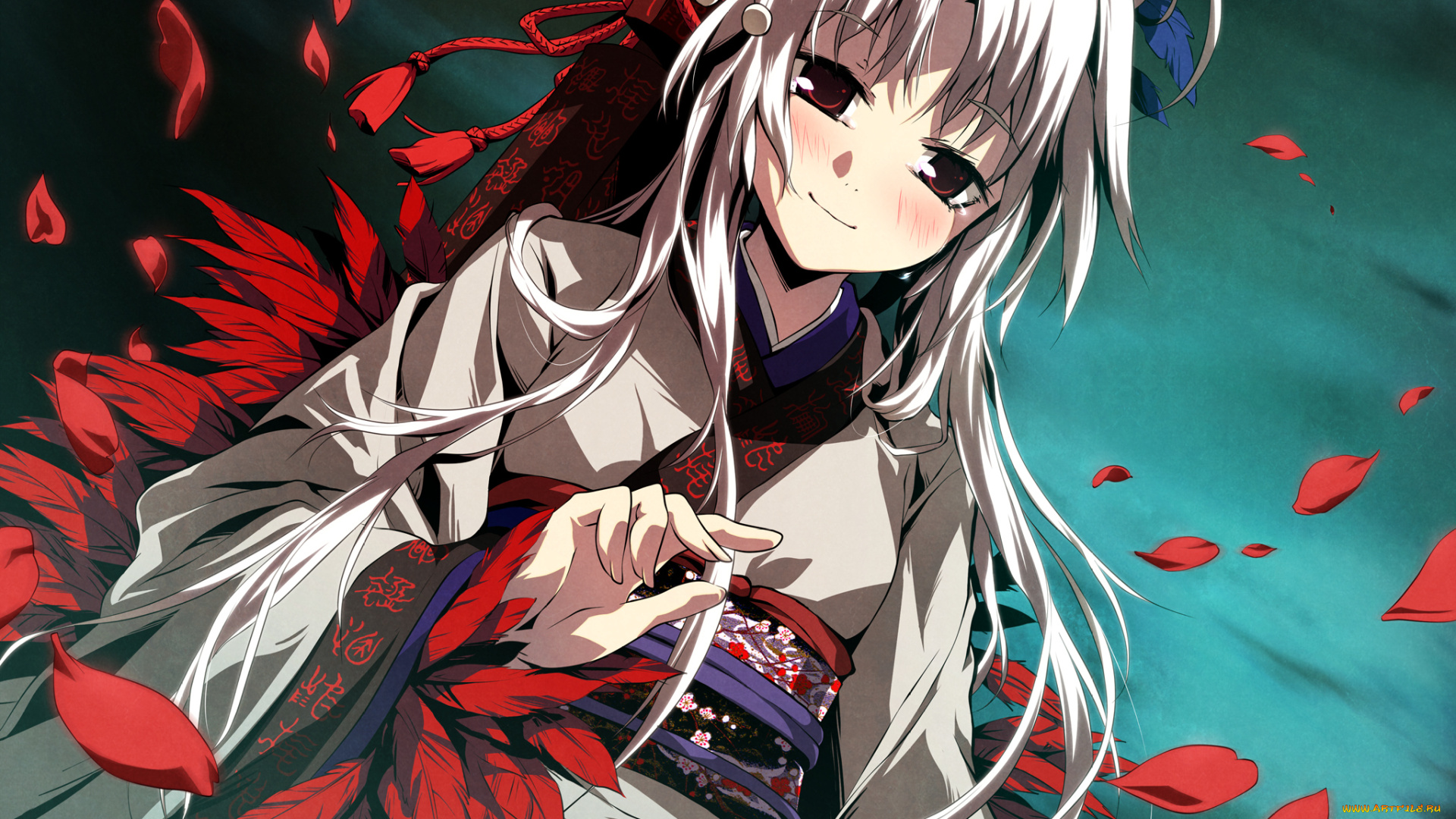 аниме, kajiri, kamui, kagura, перья, лепестки, девушка, украшение, g, yuusuke, небо, кимоно, kyougetsu, sakuya