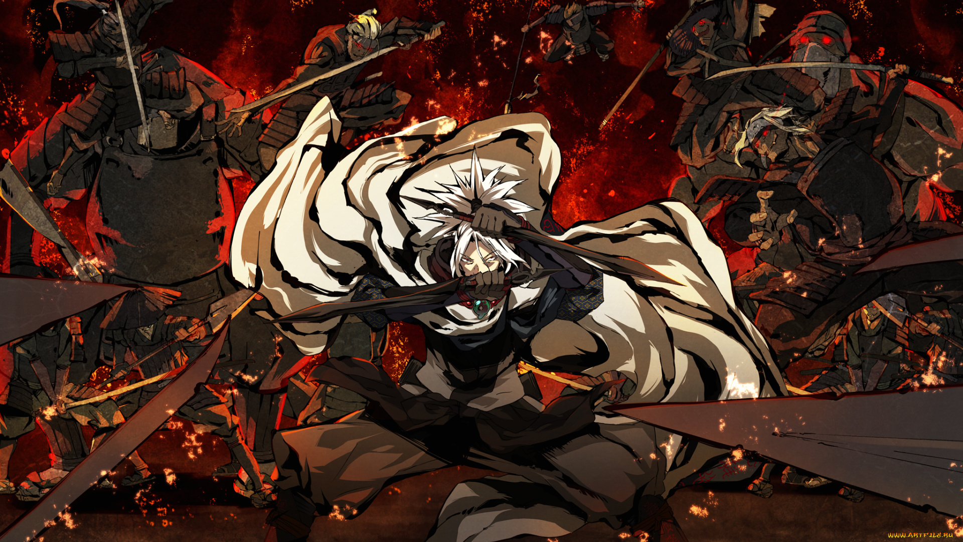 аниме, kajiri, kamui, kagura, пояс, плащ, оружие, мужчина, kyougetsu, keishirou, g, yuusuke, клинки, накидка, кимоно, доспех, мерцание, катана, зомби, битва, воин