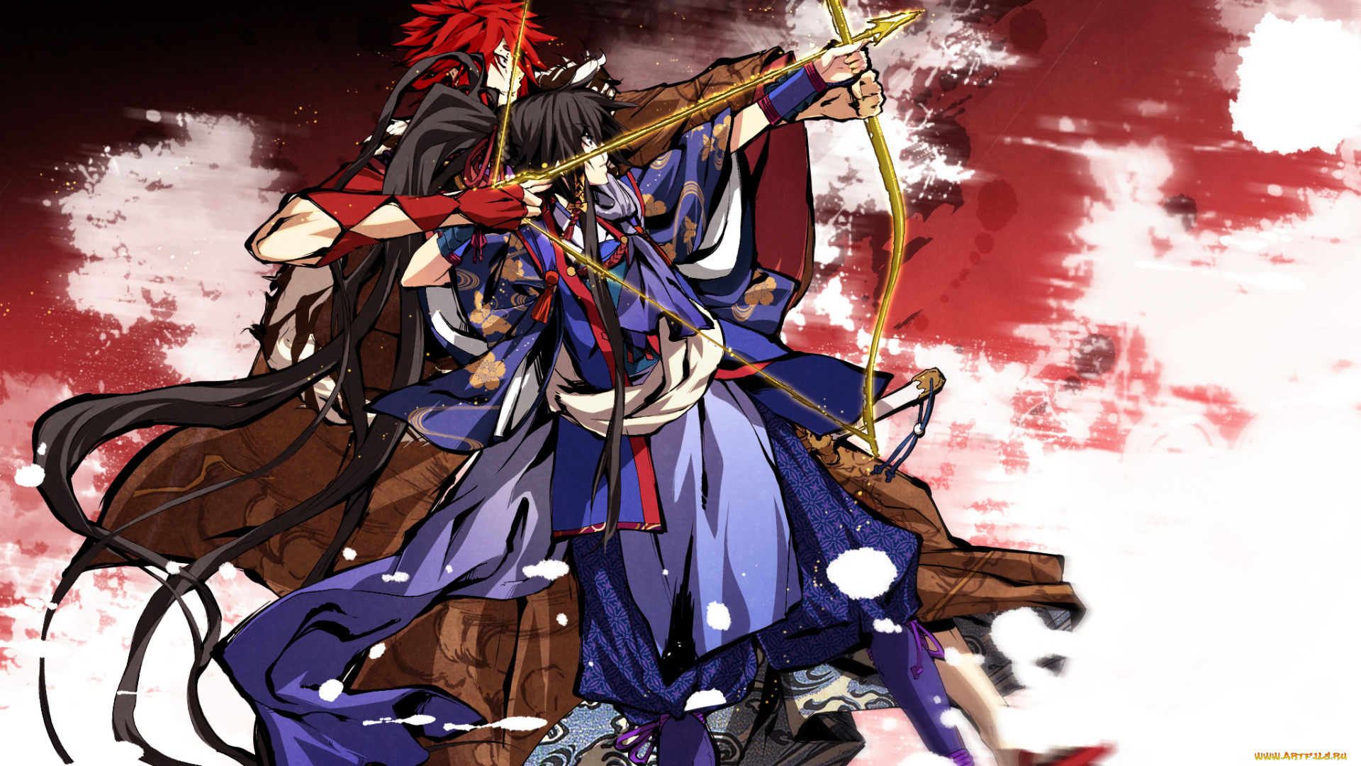 аниме, kajiri, kamui, kagura, шарф, кимоно, заколка, мех, g, yuusuke, лук, оружие, девушка, мужчина, koga, rindou, sakagami, habaki