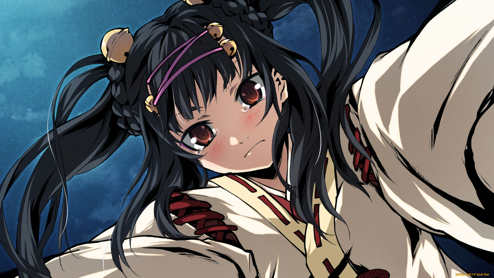 аниме, kajiri, kamui, kagura, слезы, девушка, ночь, свет, кимоно, колокольчик, заколка, шнурок, mikado, ryuusui, g, yuusuk