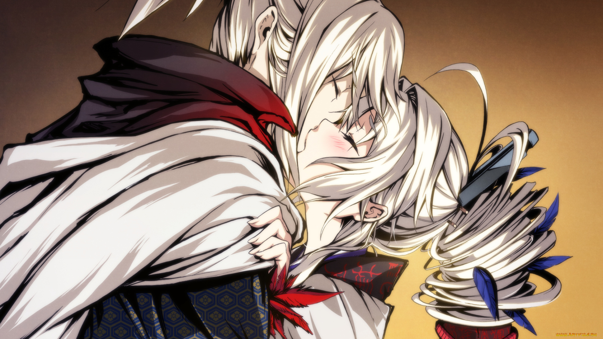 аниме, kajiri, kamui, kagura, заколка, kyougetsu, sakuya, keishirou, g, yuusuke, шарф, кимоно, перья, поцелуй, мужчина, девушка