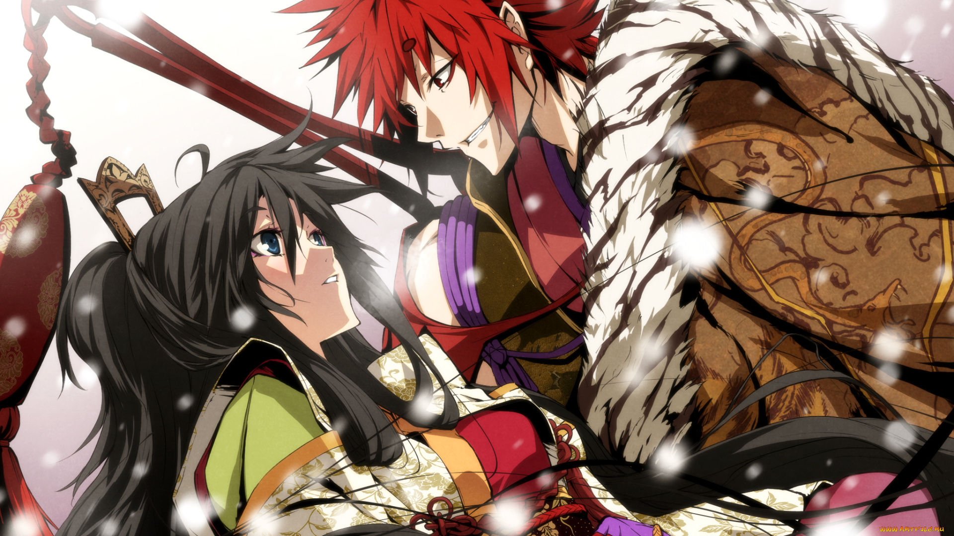 аниме, kajiri, kamui, kagura, заколка, мех, украшение, оружие, sakagami, habaki, мужчина, кимоно, шарф, девушка, koga, rindou, g, yuusuke