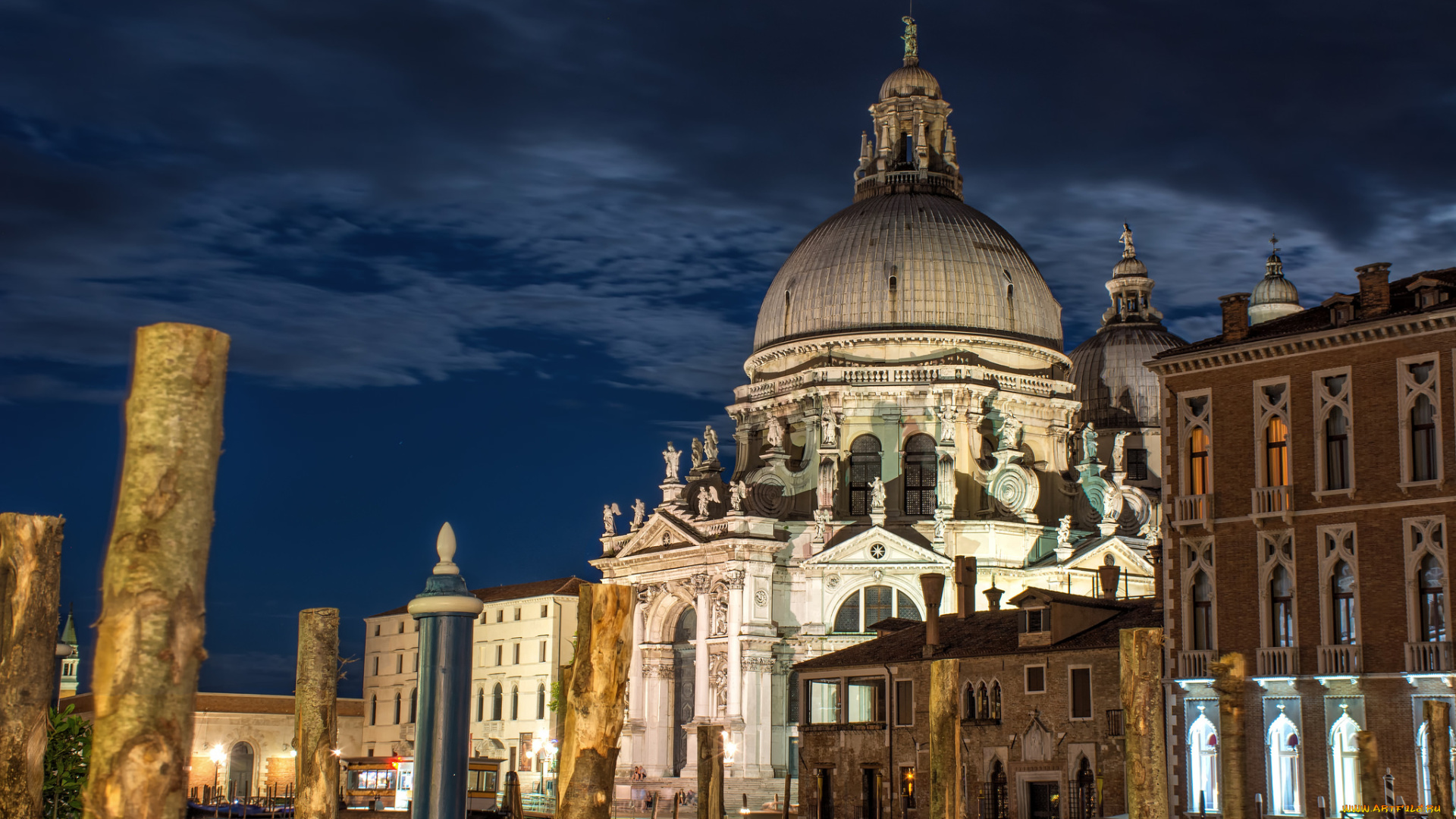 basilica, di, santa, maria, della, salute, города, венеция, , италия, ночь, канал, собор, купол