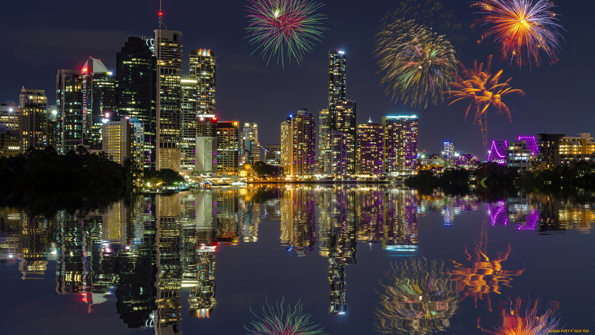 brisbane, австралия, города, -, огни, ночного, города, brisbane, дома, река, ночь, салют