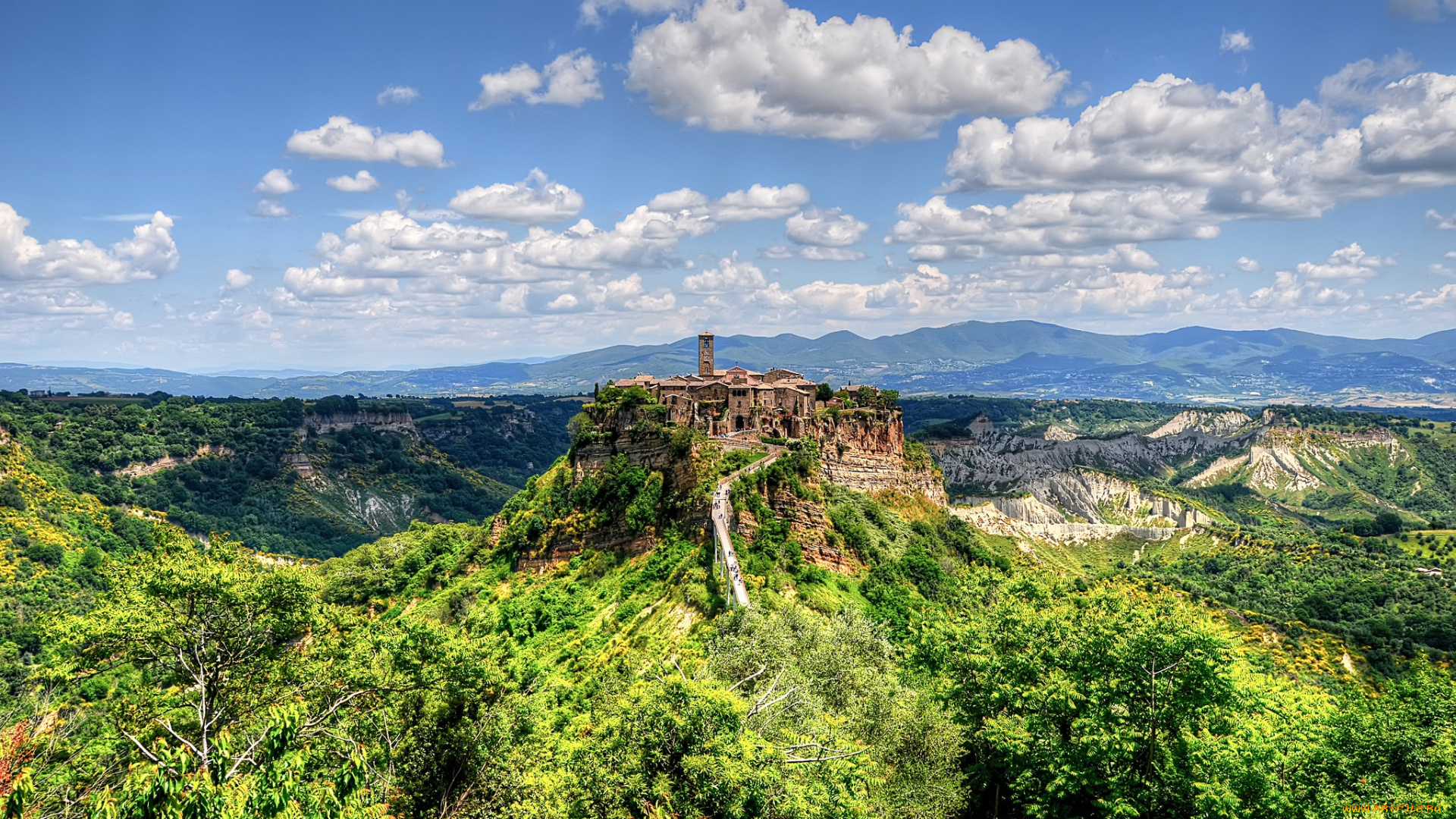 civita, di, bagnoregio, города, -, пейзажи, деревня, дорога, холм, плато