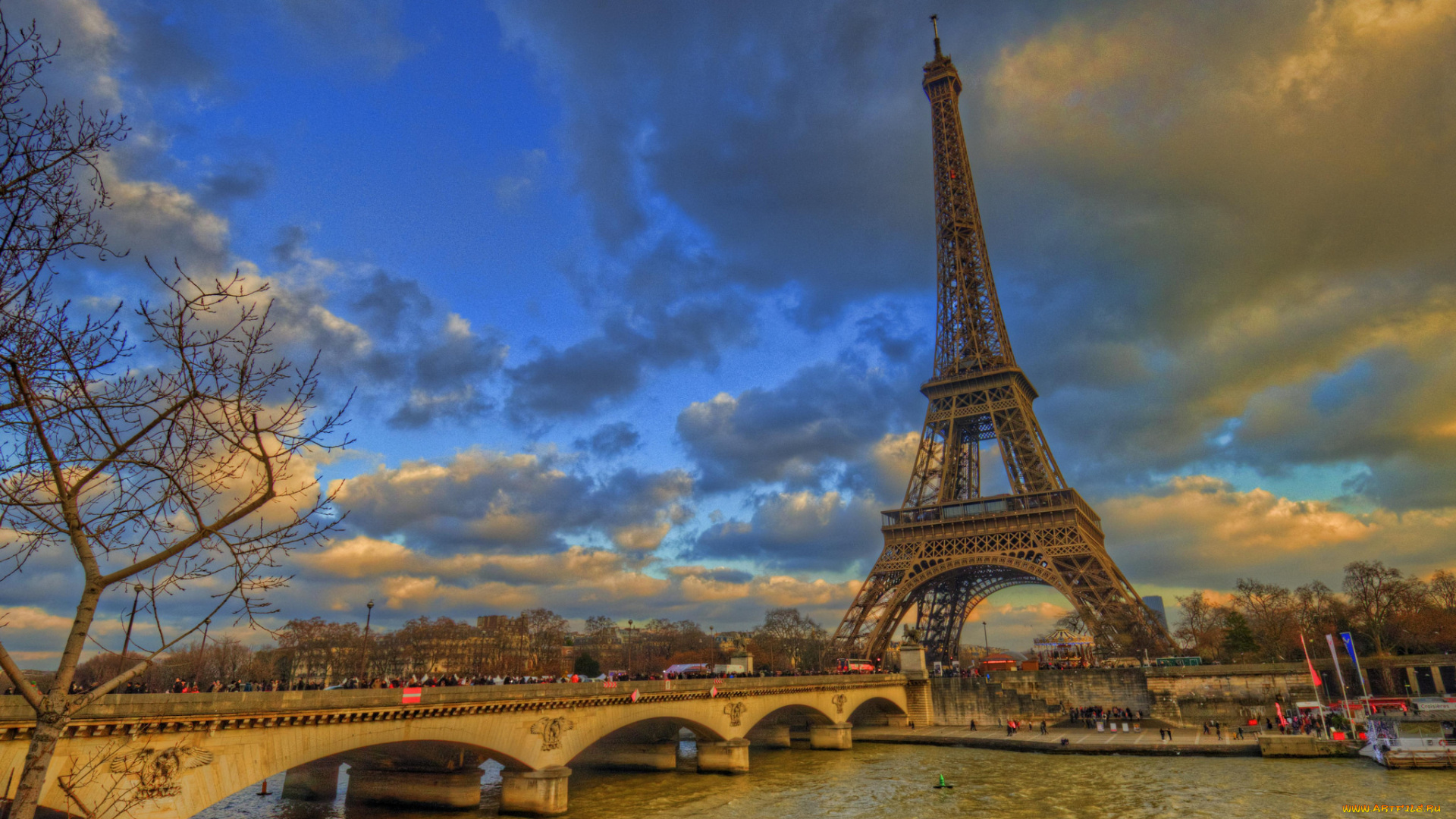 eiffel, tower, &, pont, d`iena, города, париж, , франция, башня, мост, река