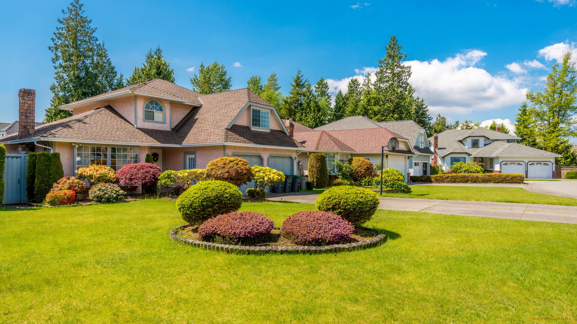 города, -, здания, , дома, газон, кусты, клумбы, дома, особняк