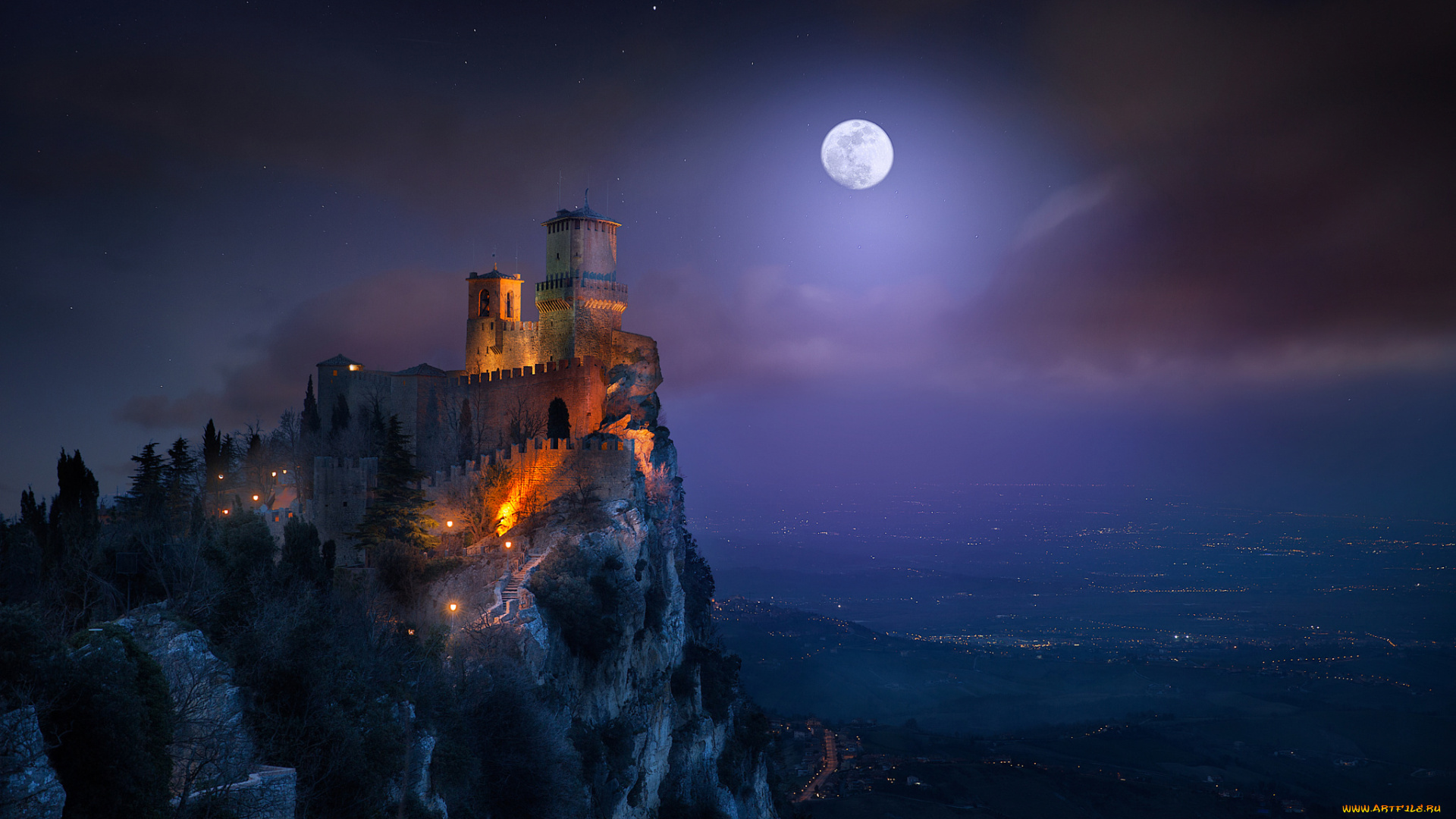 города, сан-марино, , сан-марино, гора, монте-титано, свет, ночь, гуаита, башня, крепость, луна