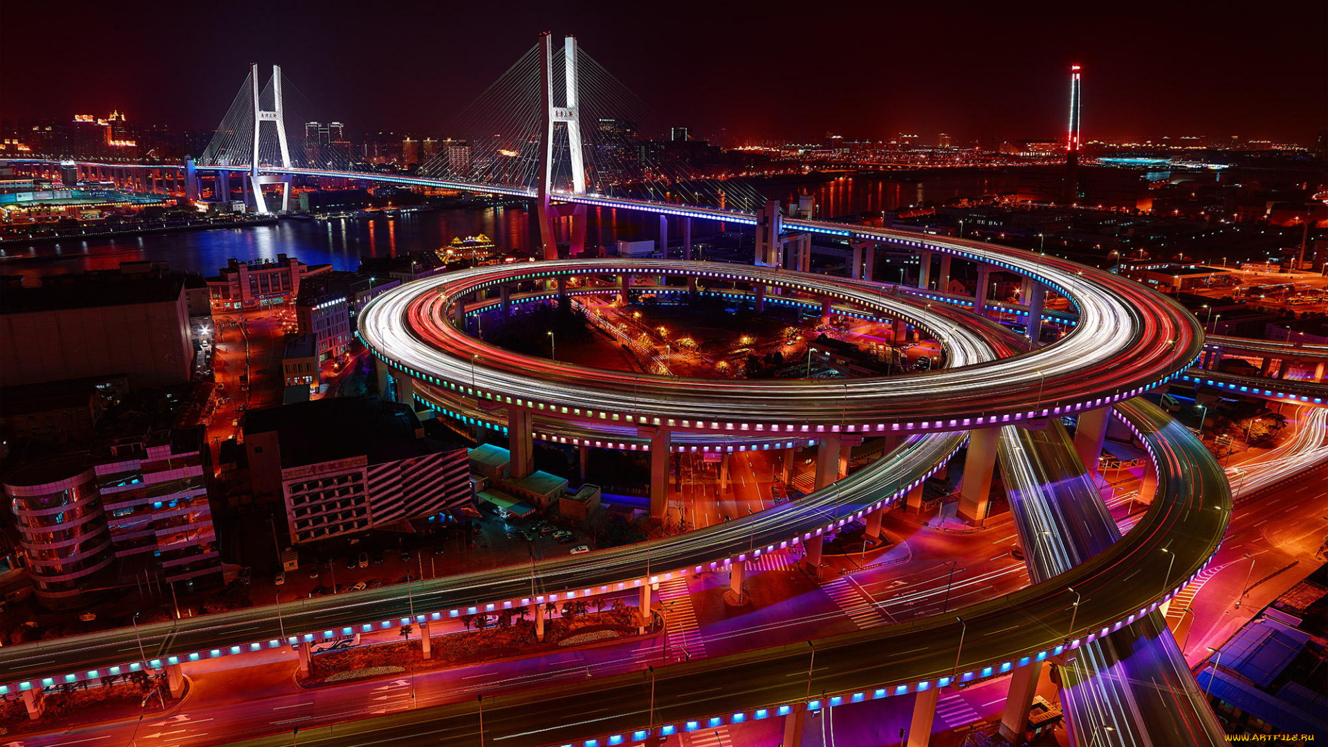 города, шанхай, , китай, выдержка, огни, ночь, nanpu, bridge, мост, шанхай, город