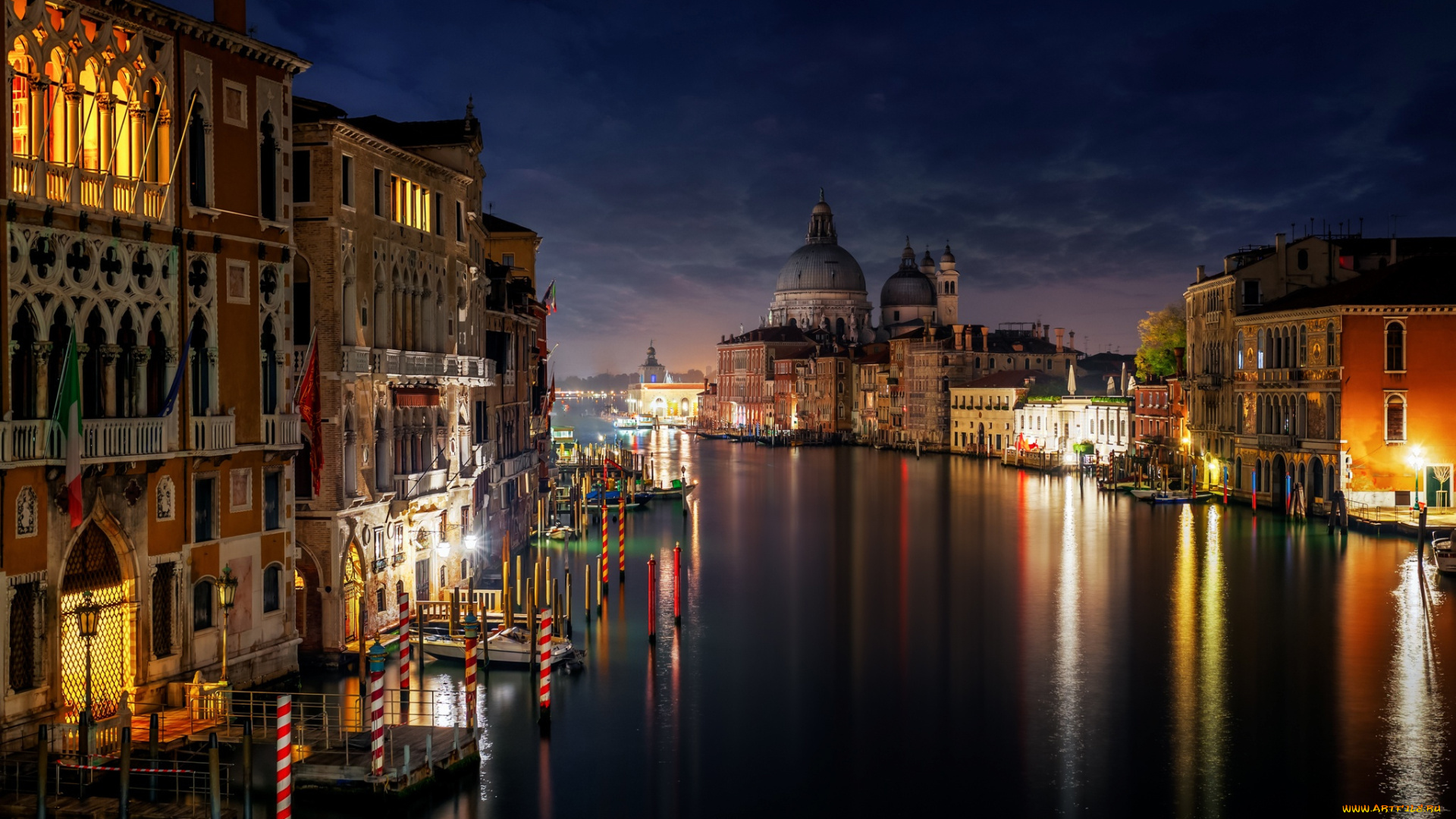города, венеция, , италия, огни, дома, вечер, ночь, большой, канал, гранд-канал, венеция, город, подсветка, свет