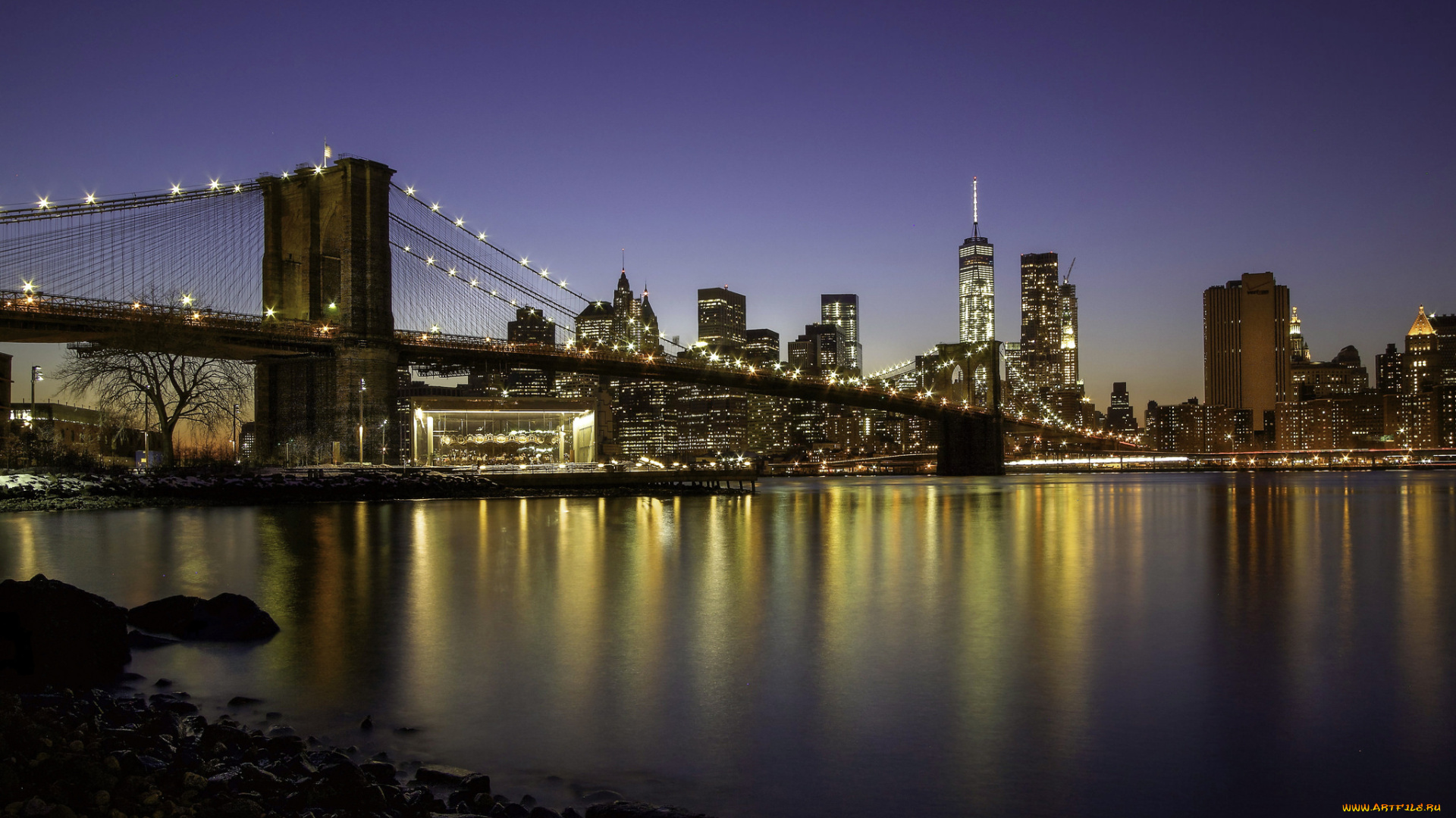 manhattan, города, нью-йорк, , сша, мост, пролив, ночь