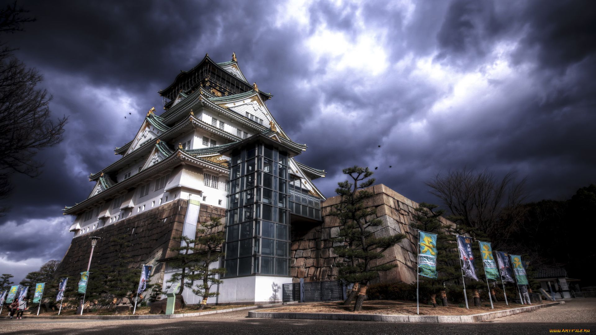 osaka, castle, города, замки, Японии, тучи, замок, сумрак