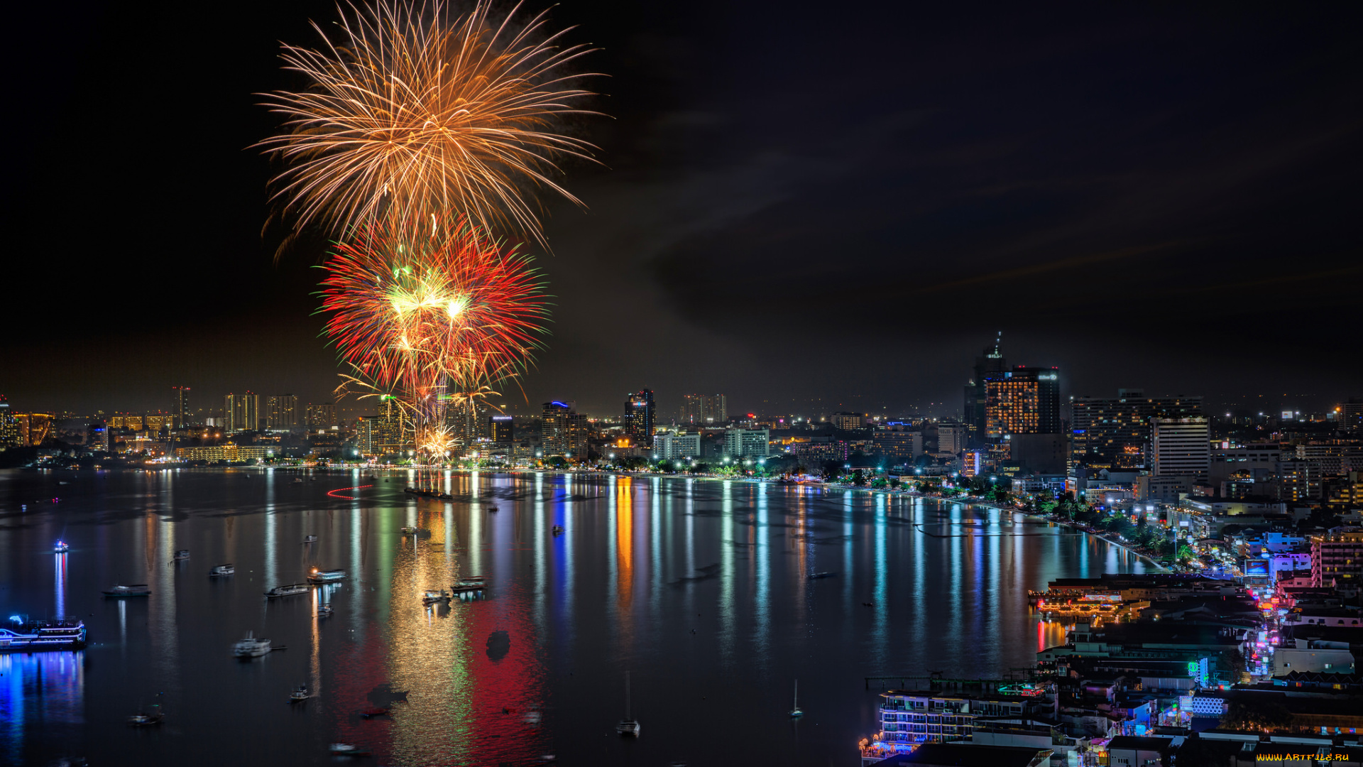 pattaya, beach, , thailand, города, -, огни, ночного, города, фейерверк, залив, ночь