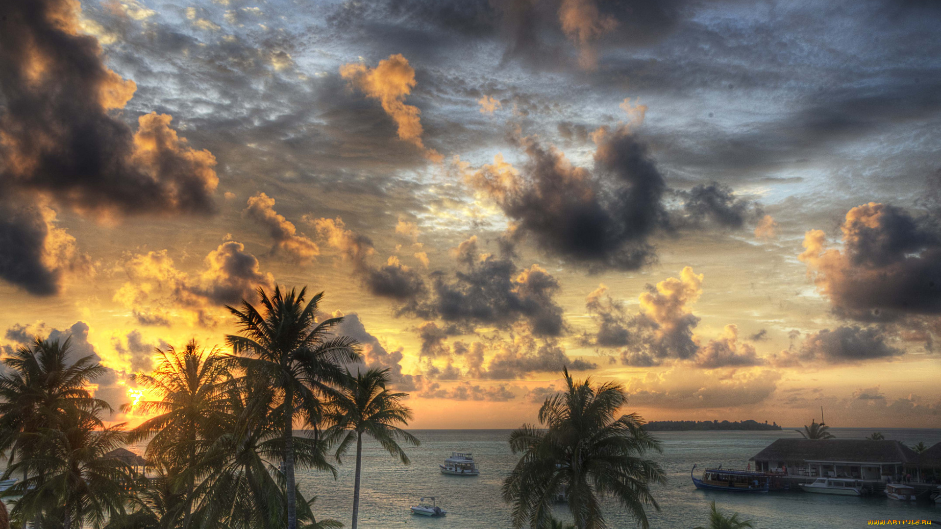 природа, тропики, зарево, пальмы, тучи, острова, океан