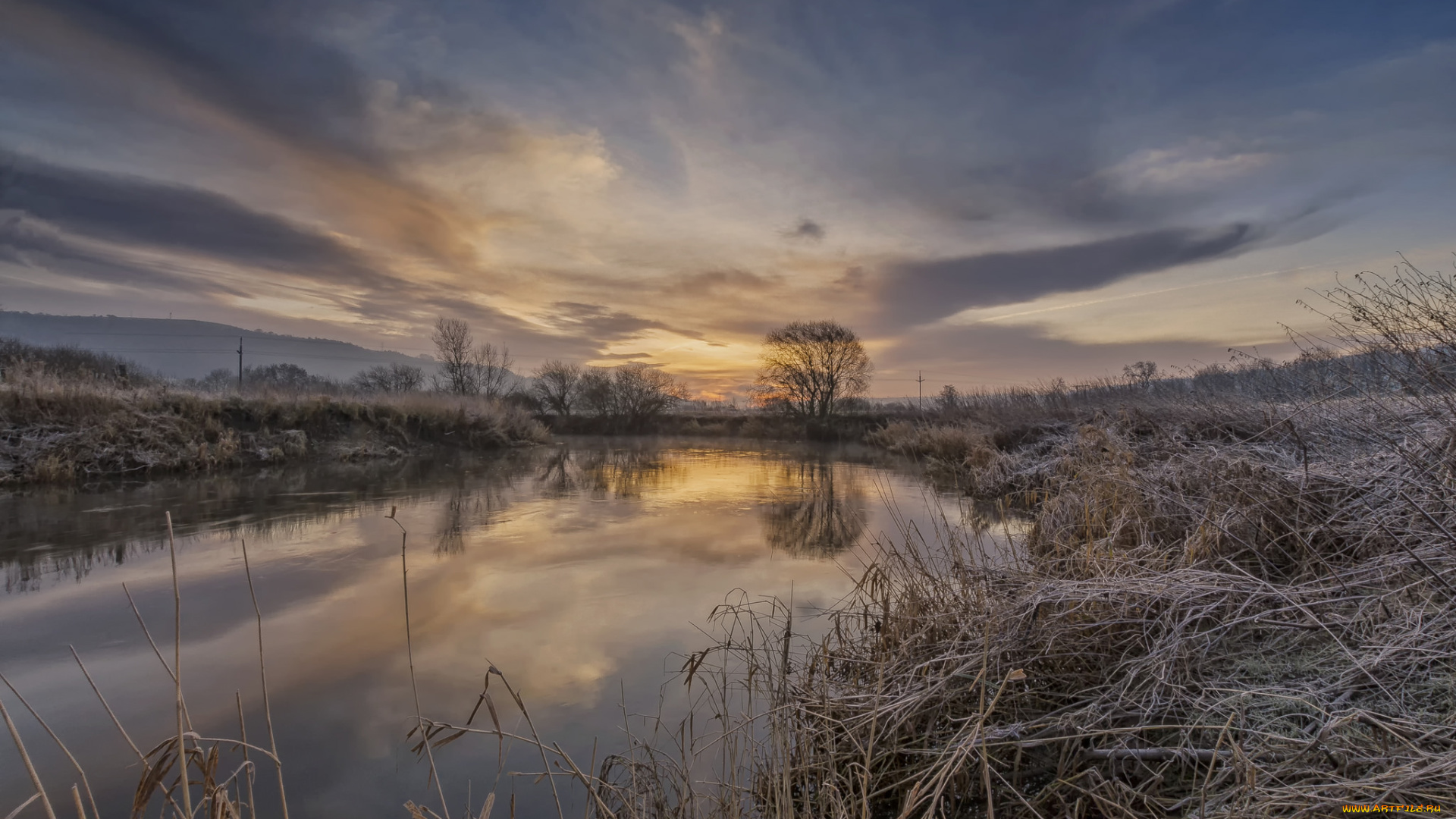 природа, восходы, закаты, утро, иней, трава, река