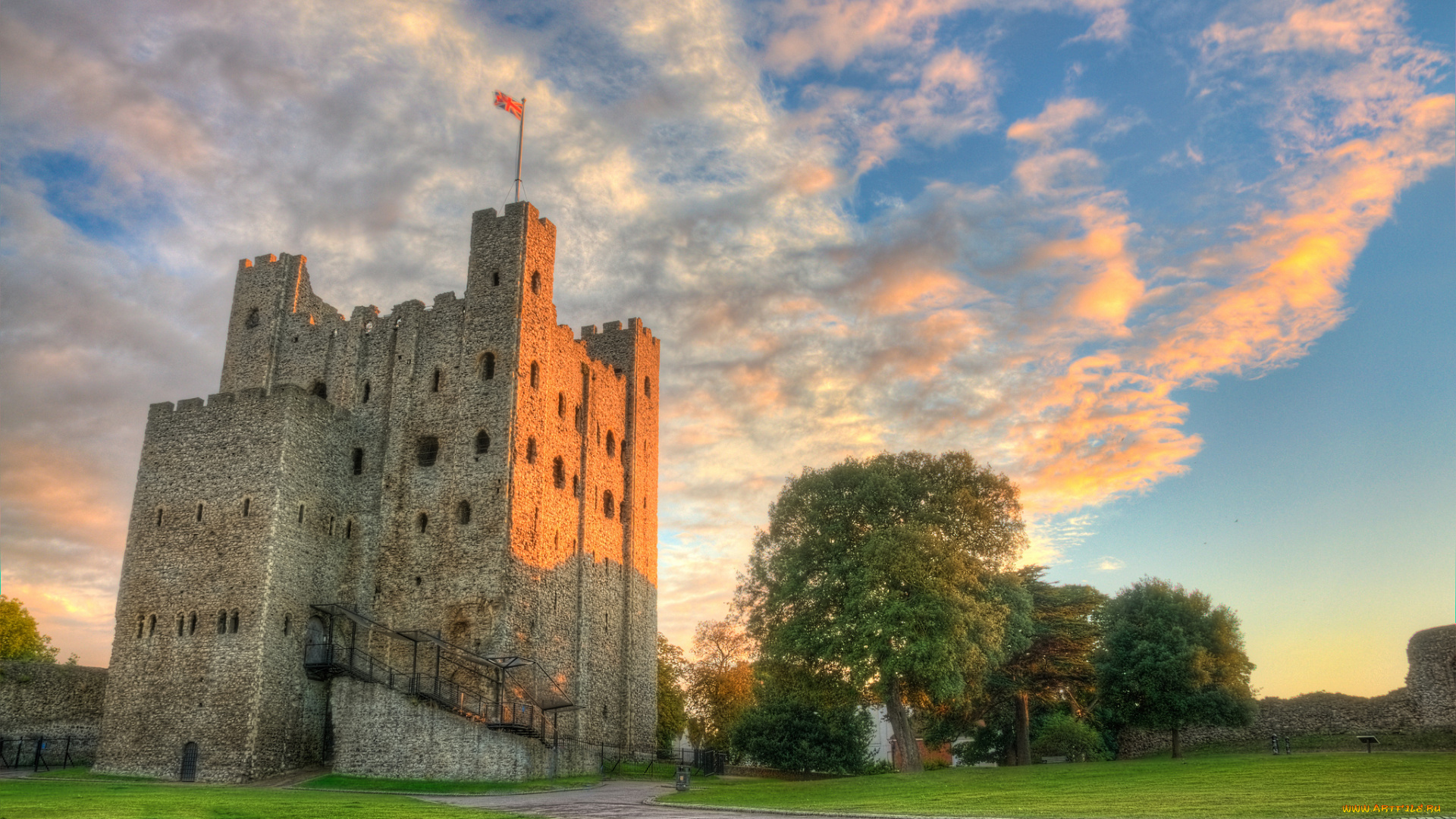 rochester, castle, города, замки, англии, поле, дорога, замок