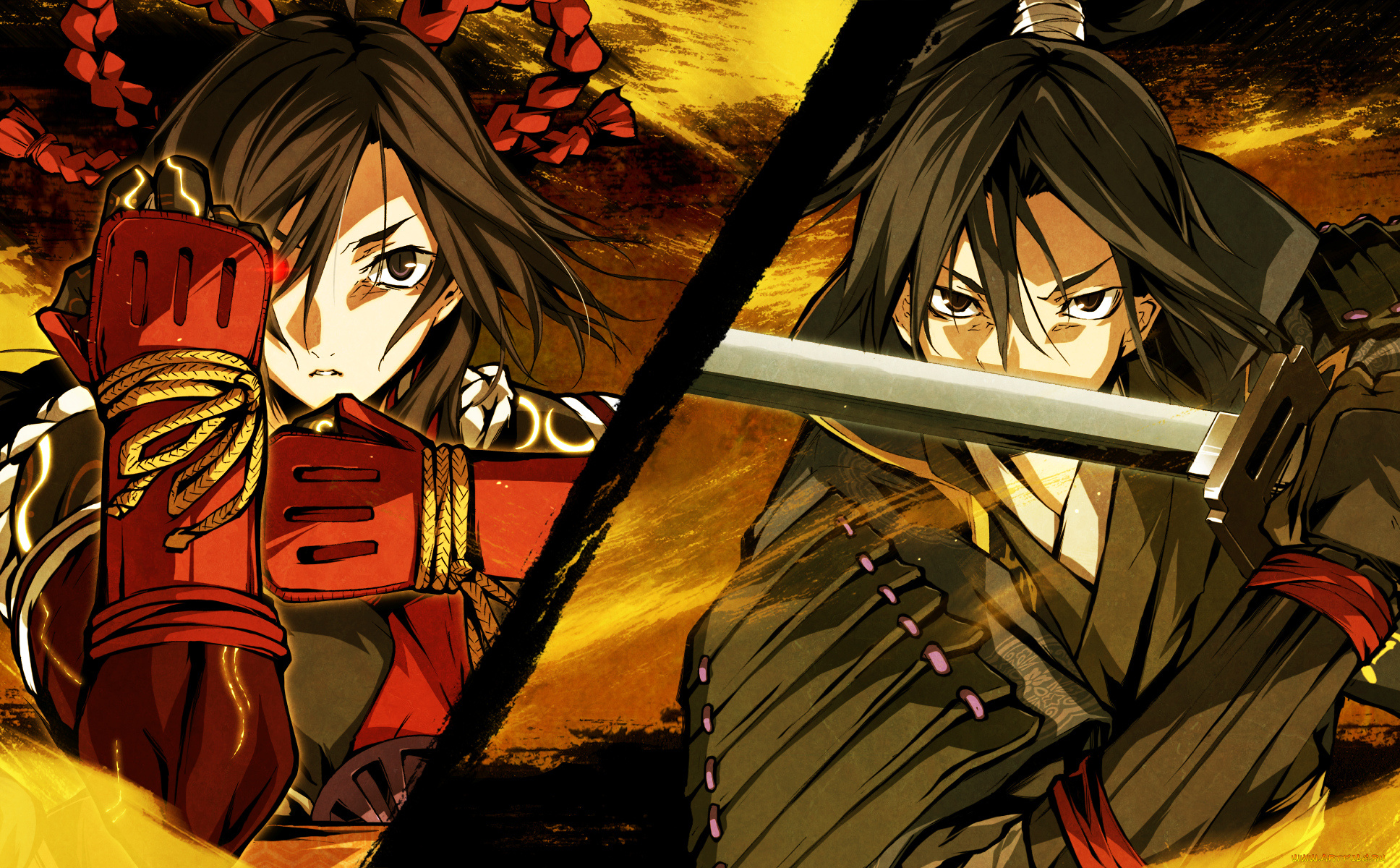 аниме, kajiri, kamui, kagura, воин, девушка, шнурок, мужчина, стойка, kujou, shiori, ленты, перчатки, коса, mibu, soujirou, плащ, кимоно, оружие, доспехи, g, yuusuke, катана