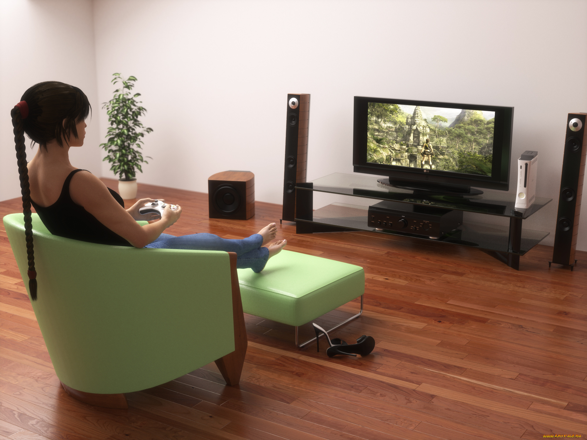 3д, графика, люди, , people, взгляд, девушка, телевизор, кресло, комната, фон