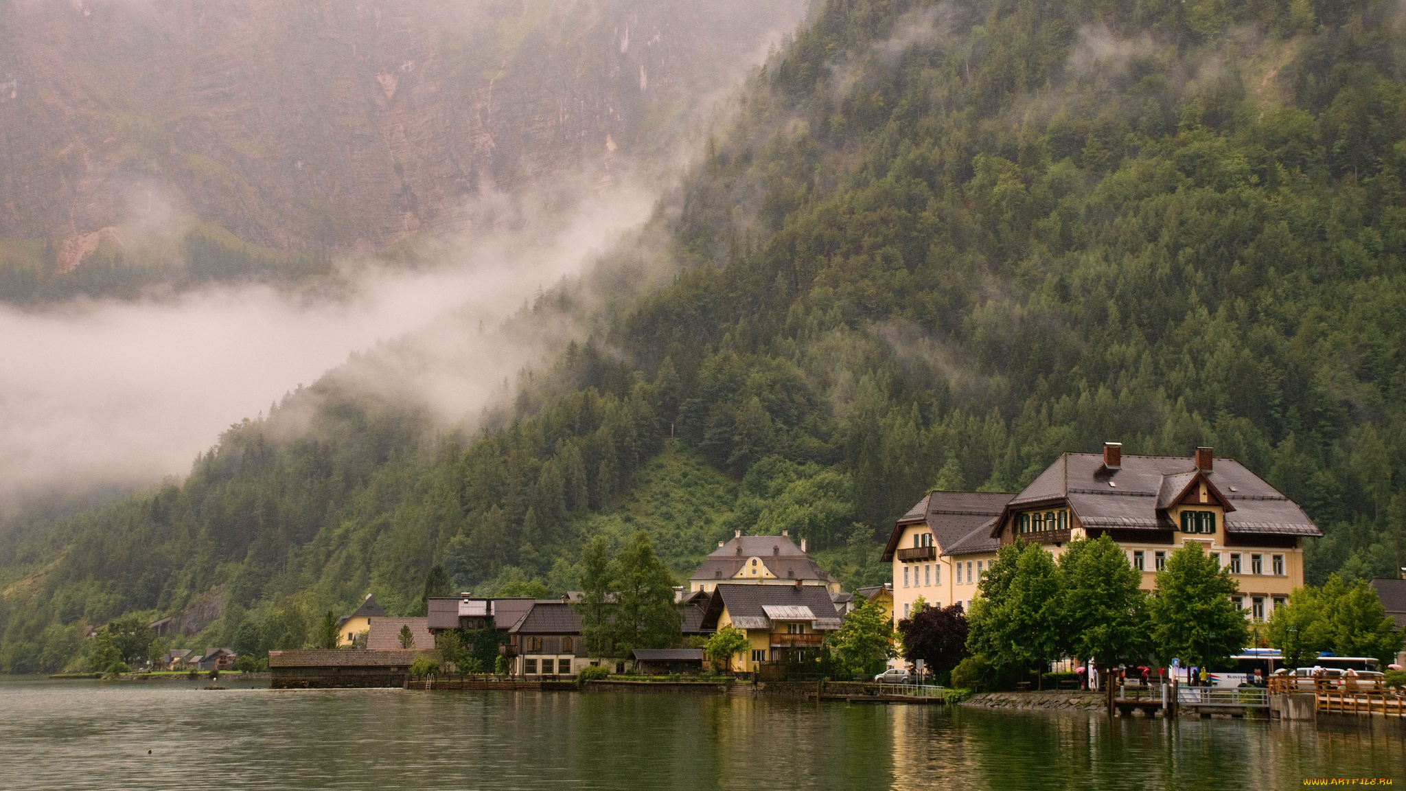 города, -, пейзажи, туман, горы, австрия, лес, hallstatt, город