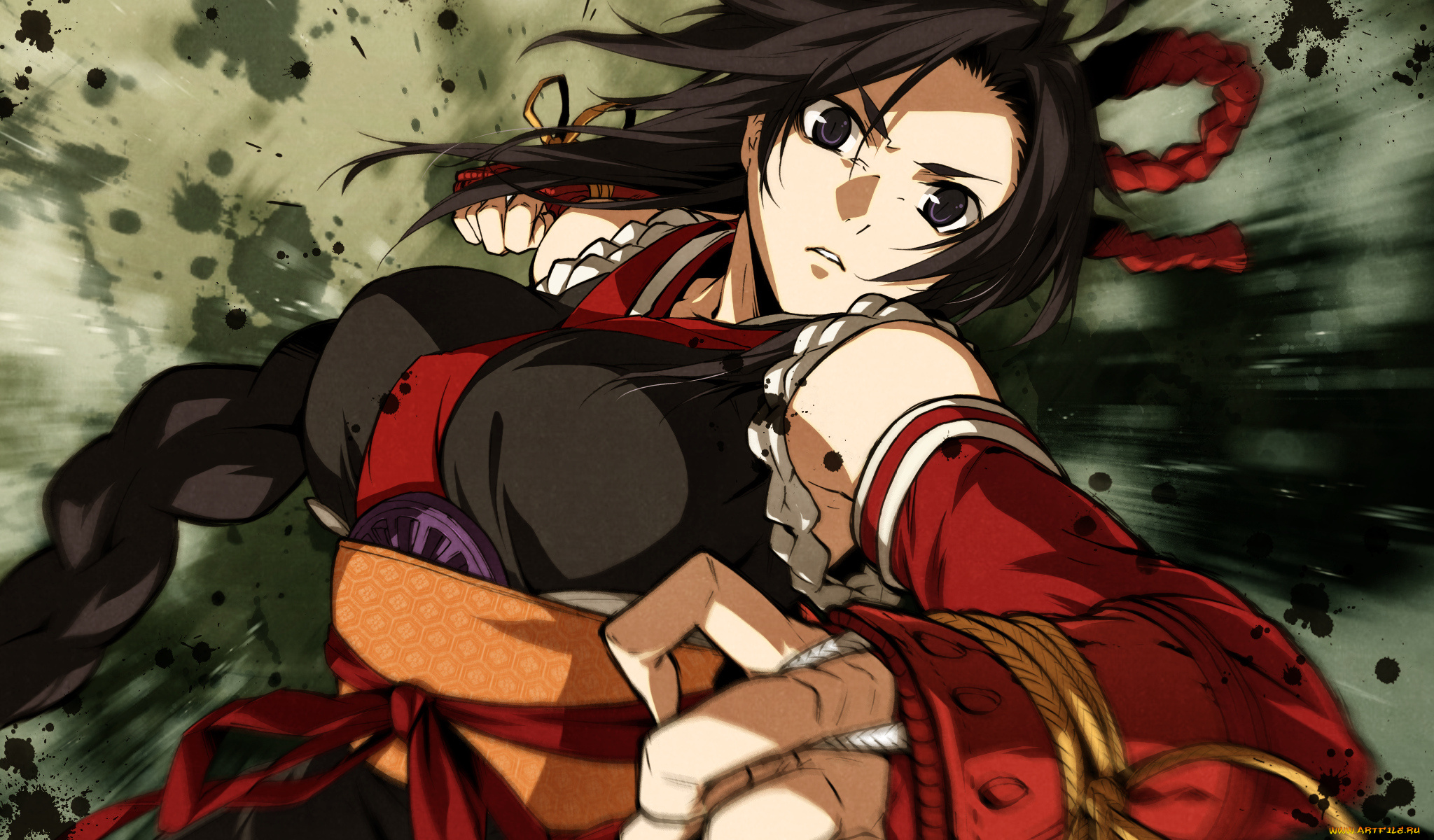 аниме, kajiri, kamui, kagura, движение, удар, кимоно, доспехи, ленты, kujou, shiori, девушка, коса, шнурок, g, yuusuke, перчатки