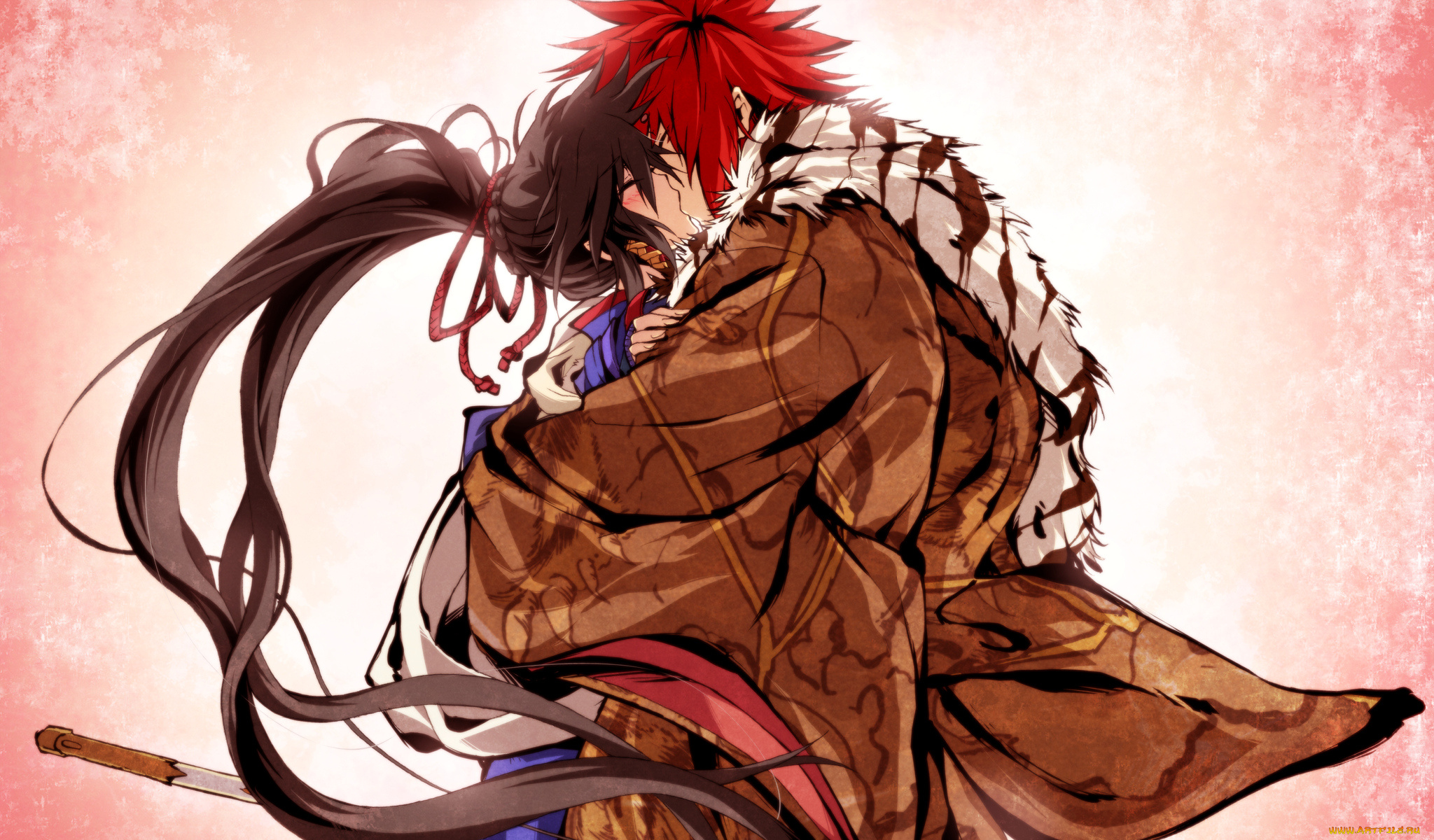 аниме, kajiri, kamui, kagura, g, yuusuke, мех, заколка, шарф, кимоно, поцелуй, мужчина, девушка, sakagami, habaki, koga, rindou