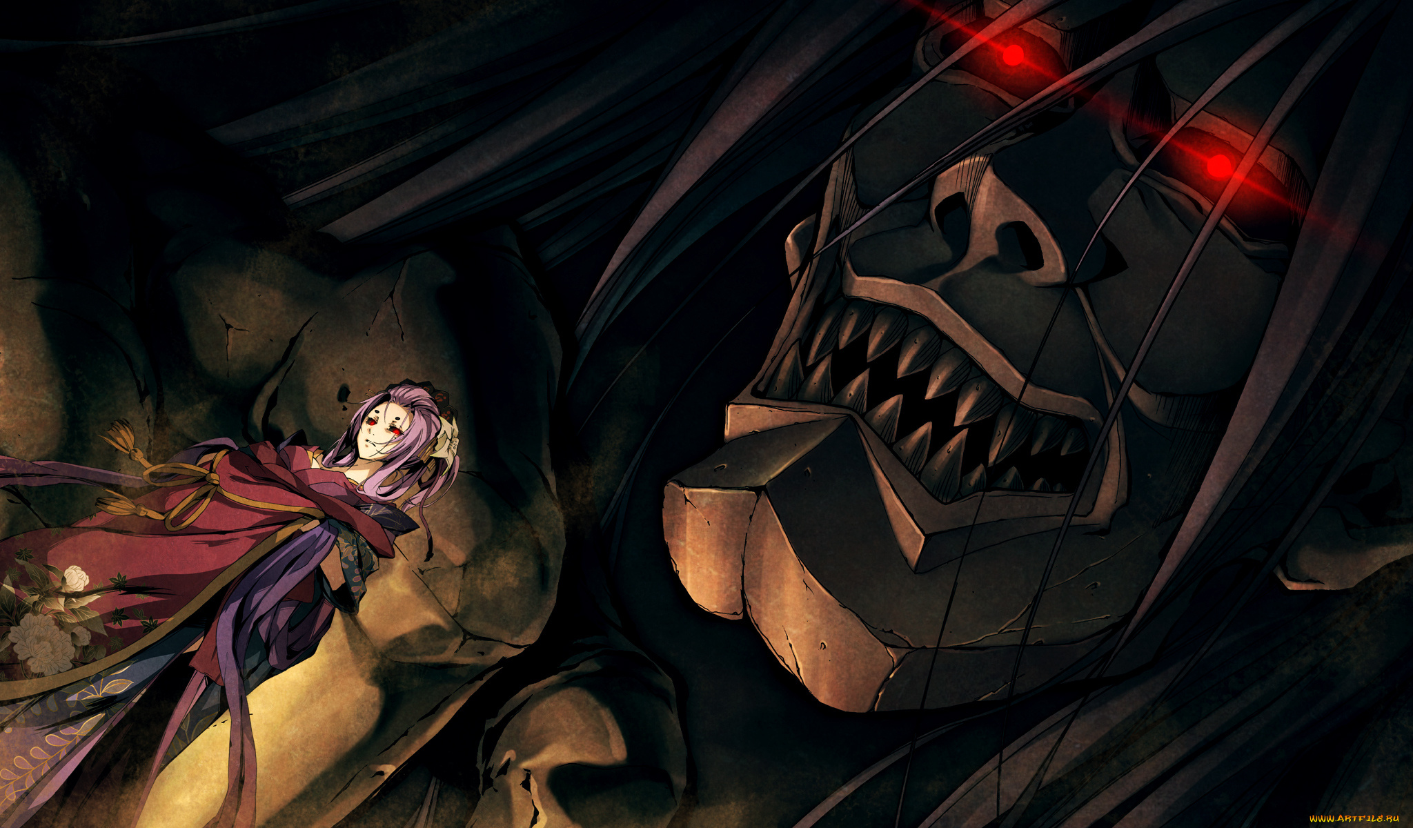 аниме, kajiri, kamui, kagura, гигант, лицо, шарф, цветок, демон, девушка, кимоно, заколка, украшение, tenma, momiji, g, yuusuke