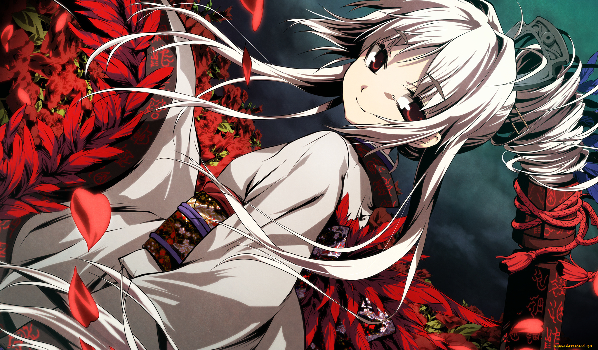 аниме, kajiri, kamui, kagura, кимоно, небо, девушка, g, yuusuke, лепестки, розы, тучи, заколка, перья, цветы, украшение