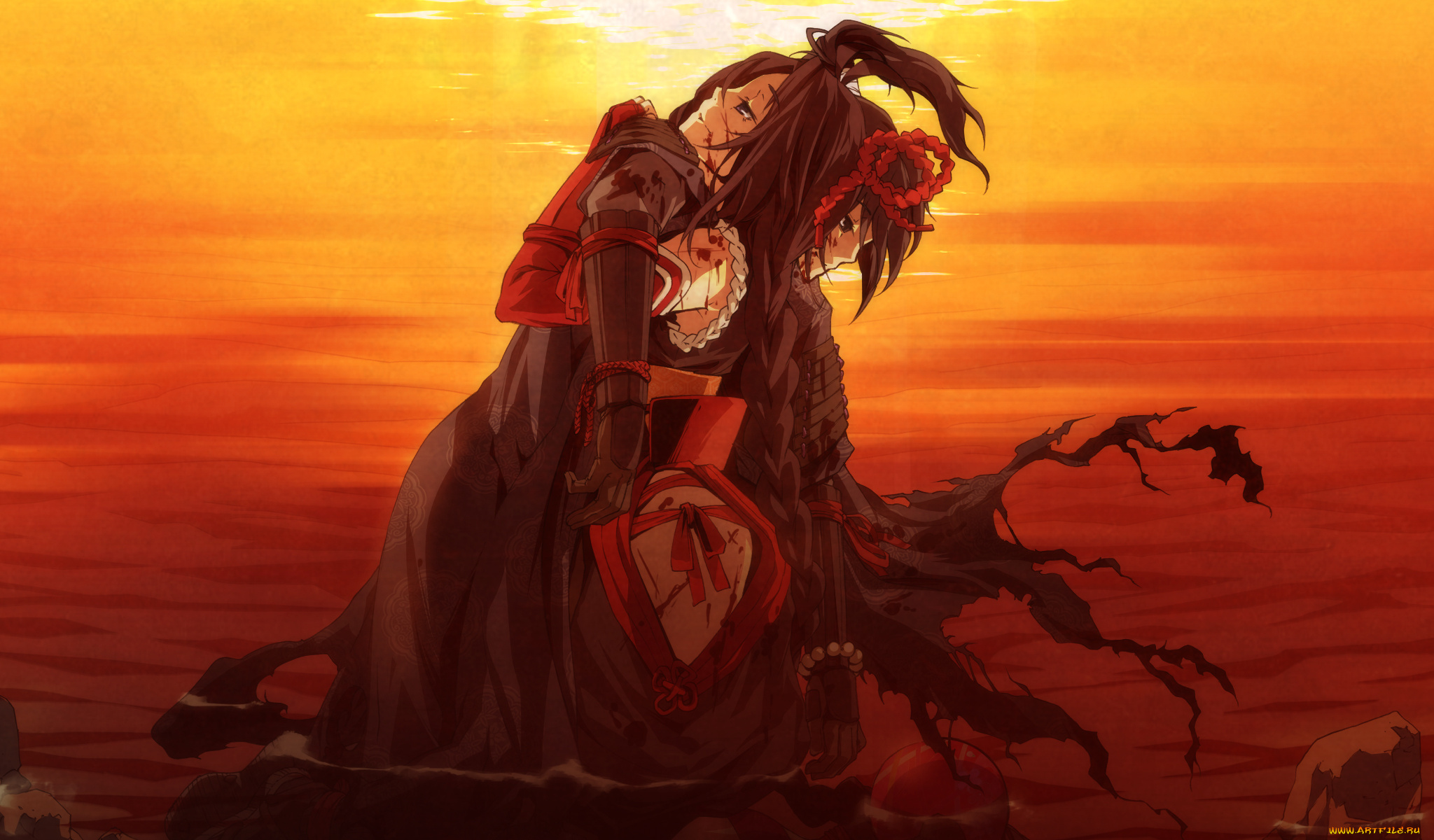 аниме, kajiri, kamui, kagura, кимоно, закат, вода, g, yuusuke, доспехи, камни, девушка, мужчина, кровь, свет