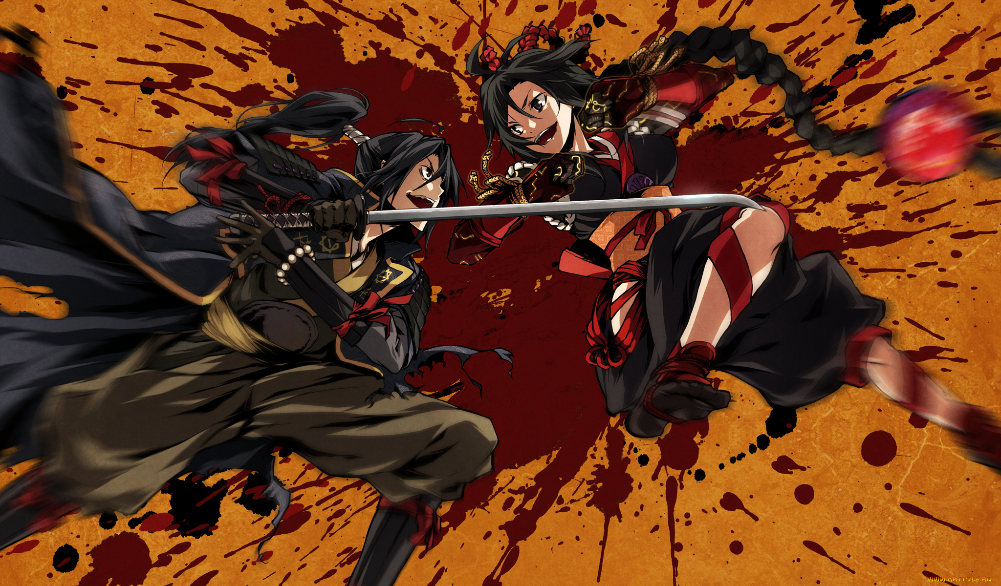 аниме, kajiri, kamui, kagura, kujou, shiori, битва, мужчина, девушка, g, yuusuk, движение, коса, перчатки, ленты, шнурок, кимоно, плащ, mibu, soujirou, доспехи, оружие, катана, кровь
