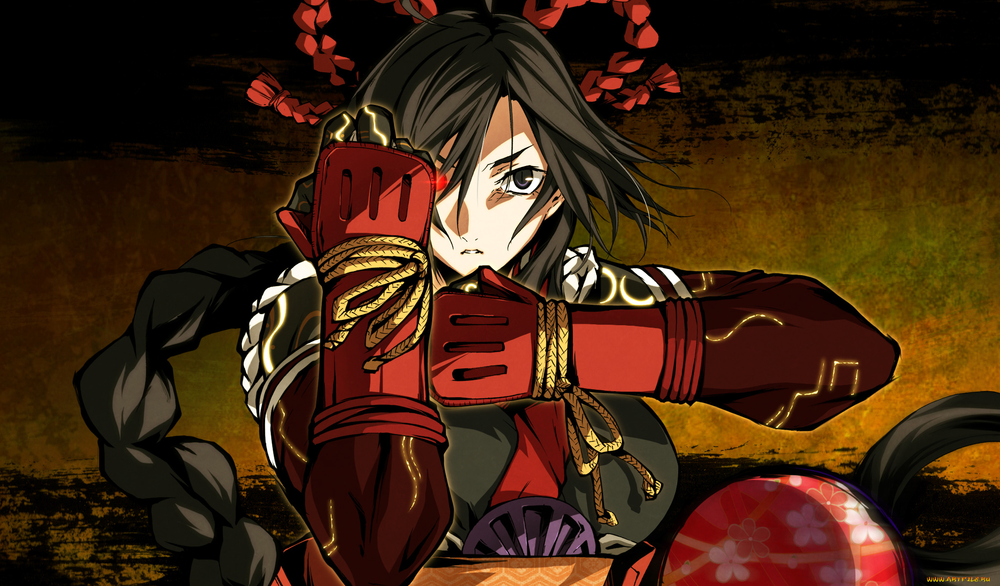 аниме, kajiri, kamui, kagura, kujou, shiori, кимоно, движение, перчатки, ленты, g, yuusuke, стойка, доспехи, коса, девушка, шнурок