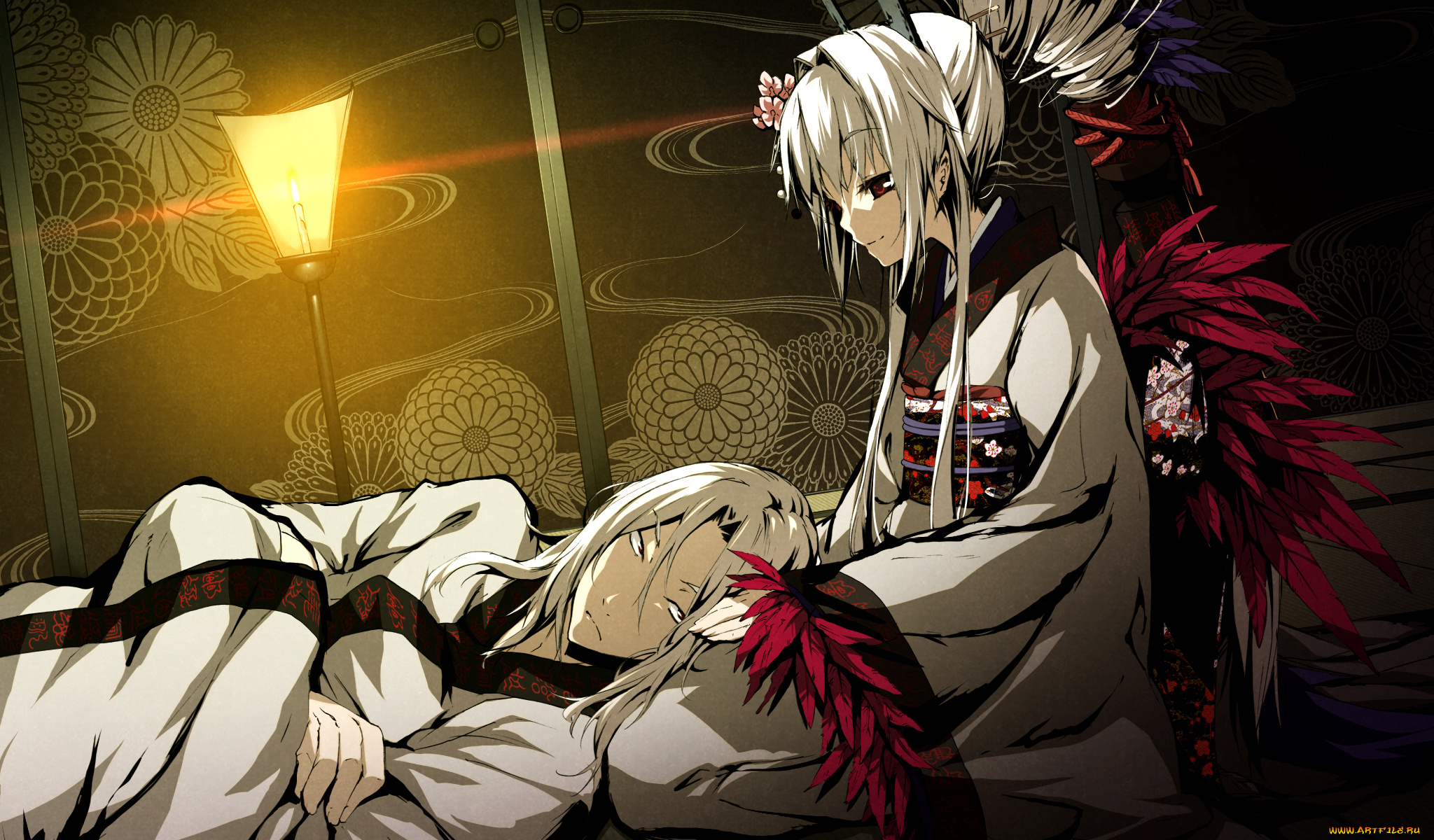 аниме, kajiri, kamui, kagura, лампа, фонарь, заколка, g, yuusuke, девушка, мужчина, kyougetsu, keishirou, кимоно, перья, sakuya, комната