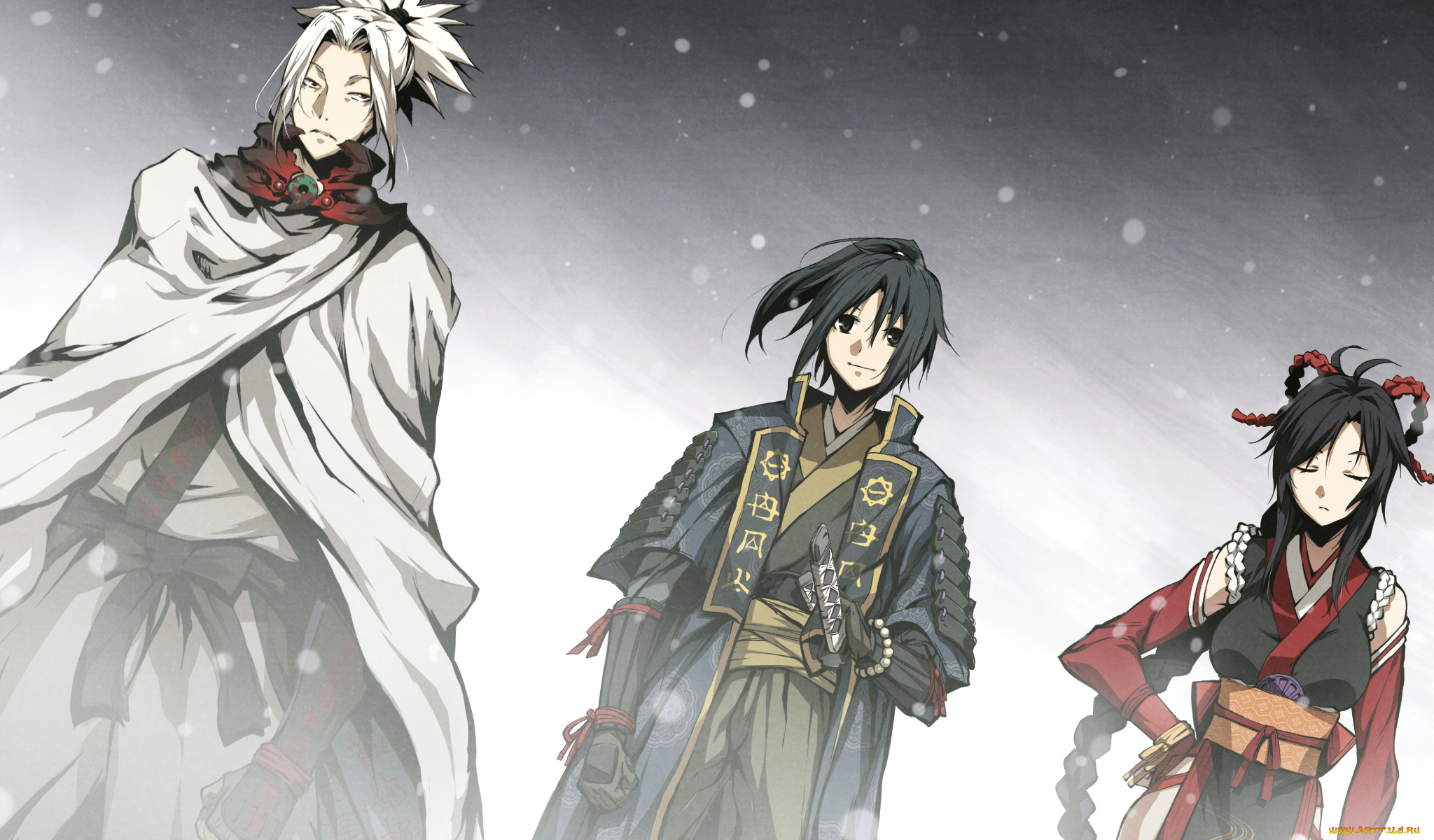 аниме, kajiri, kamui, kagura, мужчина, снег, шнурок, плащ, девушка, воин, доспехи, накидка, кимоно, g, yuusuke, kyougetsu, keishirou, mibu, soujirou, ленты, перчатки, коса, пояс, kujou, shiori, стойка